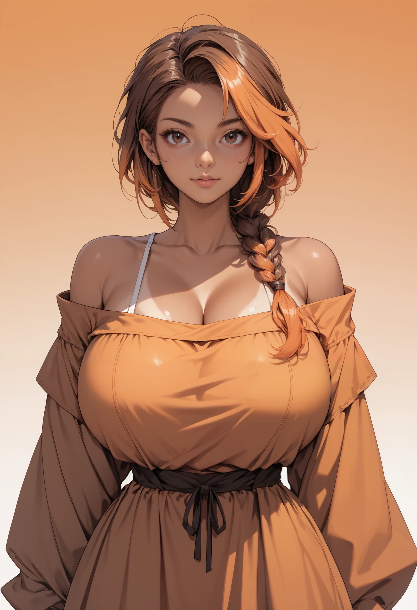 score_9, score_8_up, score_7_up, source_anime, 1girl, solo, cowboy shot, visual novel, front view, german clothes, off shoulder, huge breasts, single braid, hair over shoulder, tanned, tan, brown eyes, gradient hair, brown hair, orange hair, brown dress, simple background