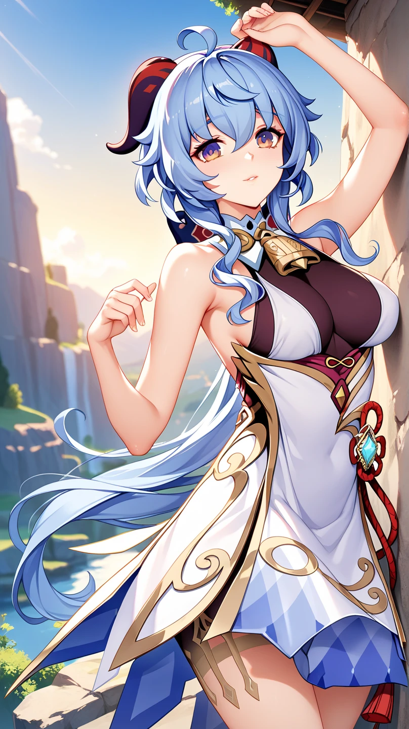 faruzandef, full body, high detailed face, high detailed dress, smile, looking at viewer, armpits, arms up, standing up, dynamic pose, medium breasts, side breasts, sexy, perfect round ass, sunny ancient desert ruins. Background.