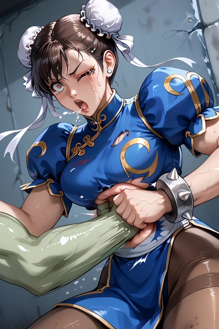 best quality, extremely detailed CG, master piece,high resolution, 4K, subsurface scattering, photo  realistic, NSFW, gore, violence, pillory, vomitting, black hair, sf2 chun, torn clothes, (torn clothes), hair buns, covered buns, chinese dress, qipao, blue outfit, spiked bracelets, puffy sleeves, brown pantyhose, white belt, white boots, feel exhaust after torture, (wounds on body and face:1), bumped on her forehead, blood splattered, beaten face, (((swollen nose and cheek))), (((eye swollen almost shut:1.5))), wounds on body, bitting wounds on face, scratch on  face and body, injury, abused, bump, teardrop,crying, nose breeding, drooling, vomit, punishment, prison, large breast, force one to kneel