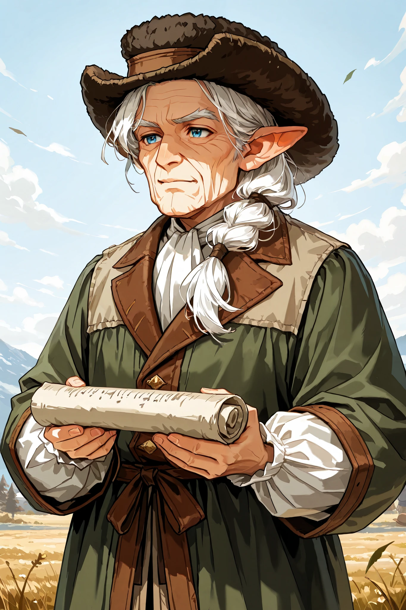 gnome, male, short stature, midget, round ears, ((in their sixties, elderly, wrinkles)), white hair tied in colonial style ponytail, (wearing bifocals), wearing a dark green frock coat with long sleeves, (black wool felt hat, quaker style), holding an unfurled scroll in both hands, stern, uppity expression, standing in a colonial era harbor, day scene, cloudless sky,  [caviler era clothing], dungeons and dragons, fantasy art, close up, npcp