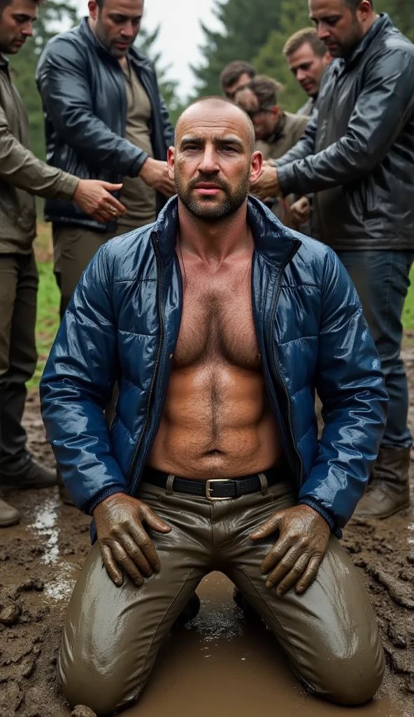 (((2heads))),two brazilian 37 year old men,(big bulge:1.5),fit,beautiful face, buzz cut, beard, detailed hazel eyes, dressed as a military police officer with a military jacket, with a vicious guard dog by his side,storm,gray skies, rain, muddy puddles in background, barbed wire, unathletic,big butt, very wide shoulders, wet, drenched, massive big bulge in crotch, dripping gooey white slime on skin,oiled skin, wet skin, platinum blonde, dark hair with highlights, brown hair,unathletic,,serious, full body, realistic, detailed,oiled skin, glistening skin