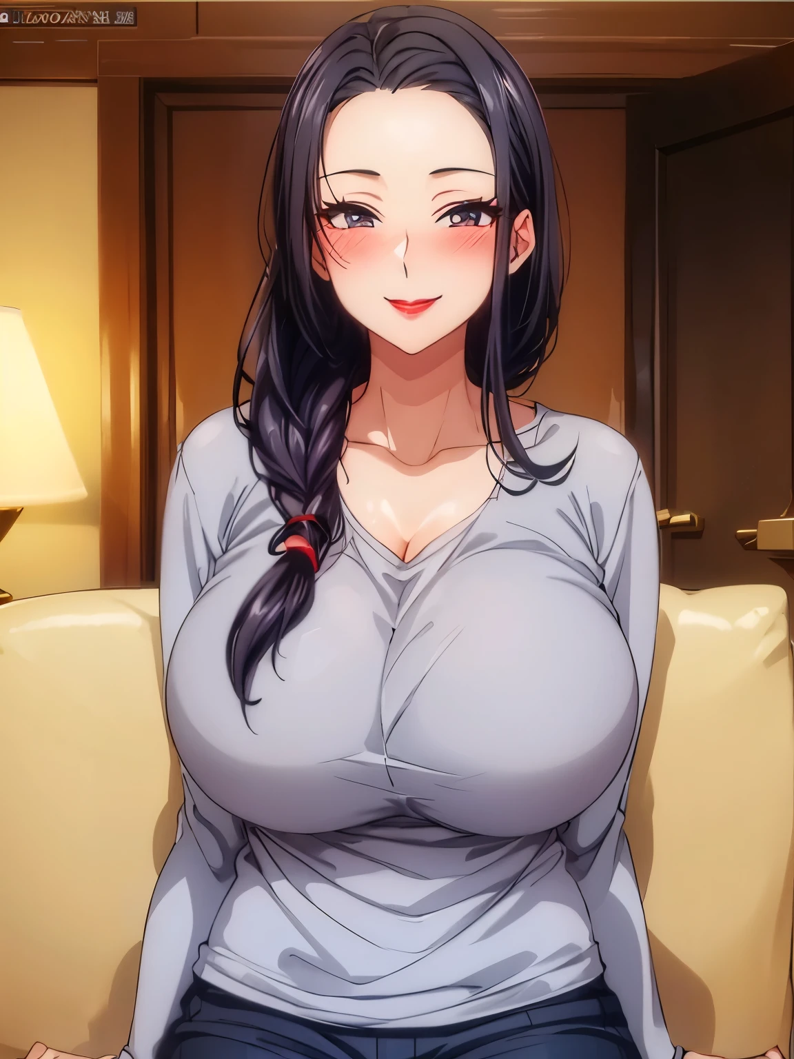 1 milf,long black hair, very big breasts, blushing, smiling, sexy body, red lips