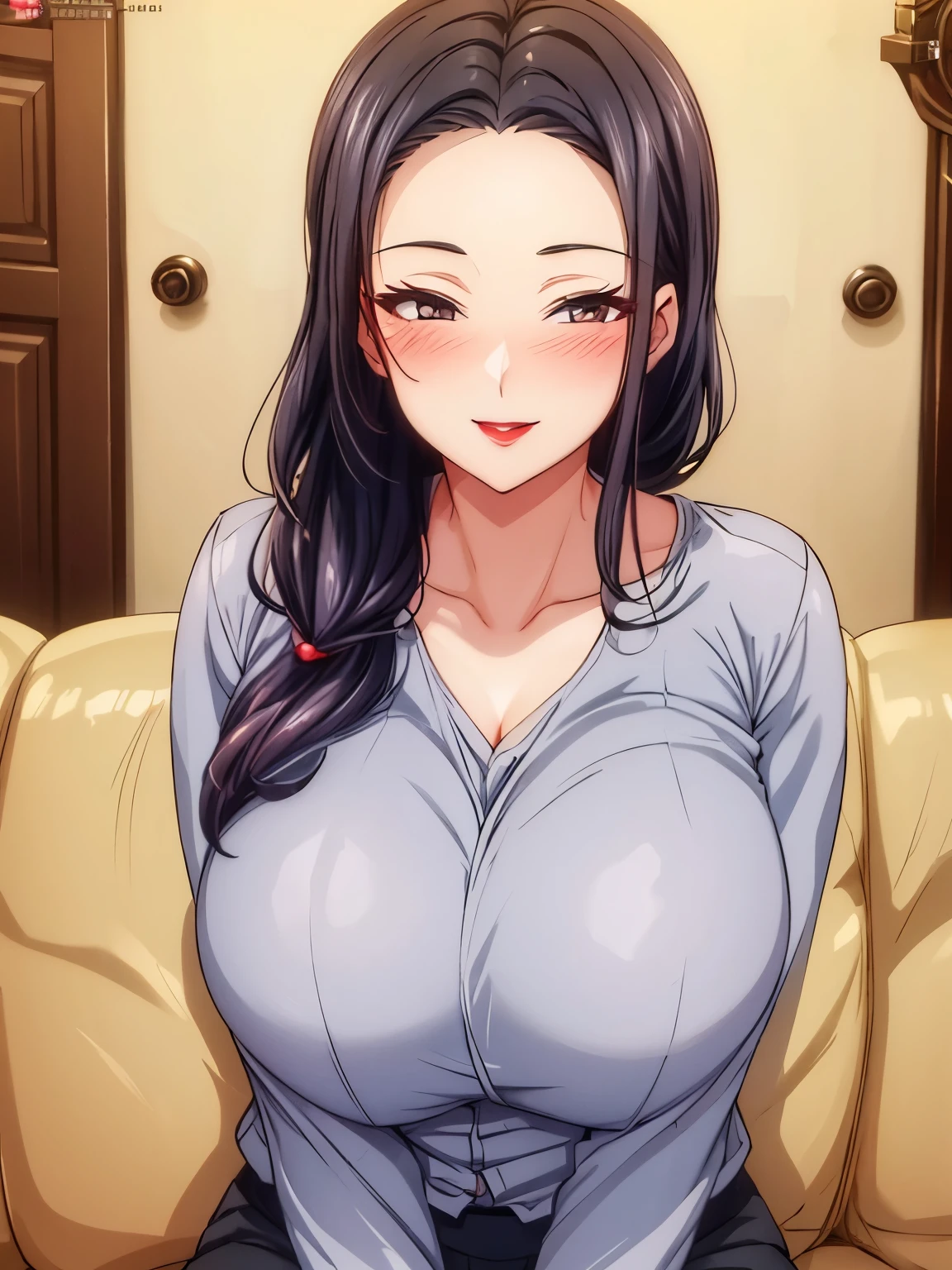 1 milf,long black hair, very big breasts, blushing, smiling, sexy body, red lips