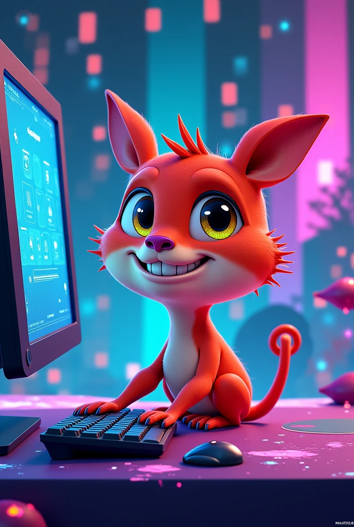 A cartoon figure sits on a PC in front of him and the PC is also working. His room is a gaming room