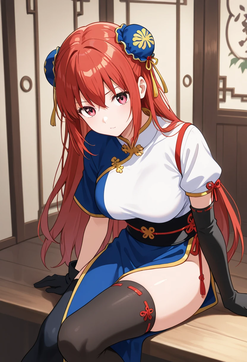 score_9,score_8_up,score_7_up,mole_under_eye, clothing_cutout, yinlin_(wuthering_waves), chinese_clothes, red hairblack_hairband, blush, solo, 1girl, white_background, simple_background, bare_shoulders, earrings, large_breasts, sweat, looking_at_viewer, upper_body, hair_stick, pussy, panties, see through pussy, panties thin wet, sitting, spread legs