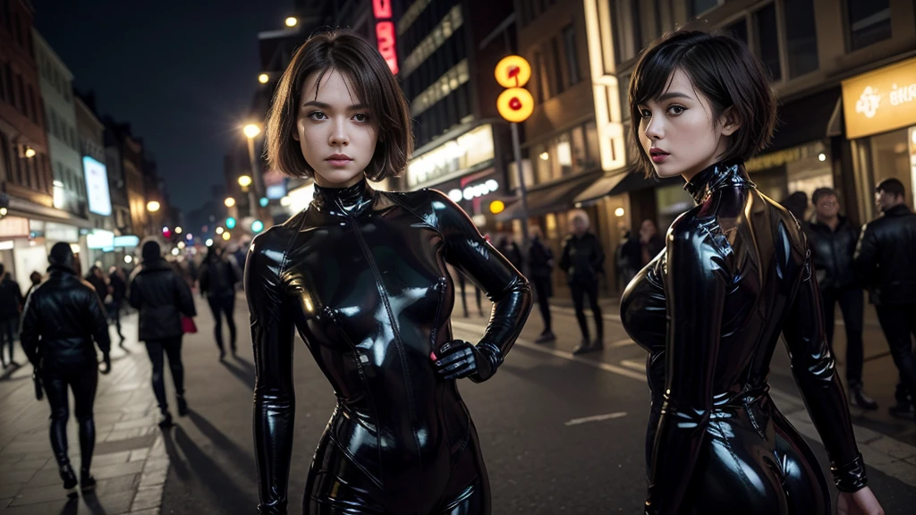 Very detailed, Very sharp, Highest quality, woman, Sophie Thatcher's face, Black rider latex suit, tall and lean figure, Harness, night, night street, Light, Very short black hair, Heavy makeup, Scapula, holster,