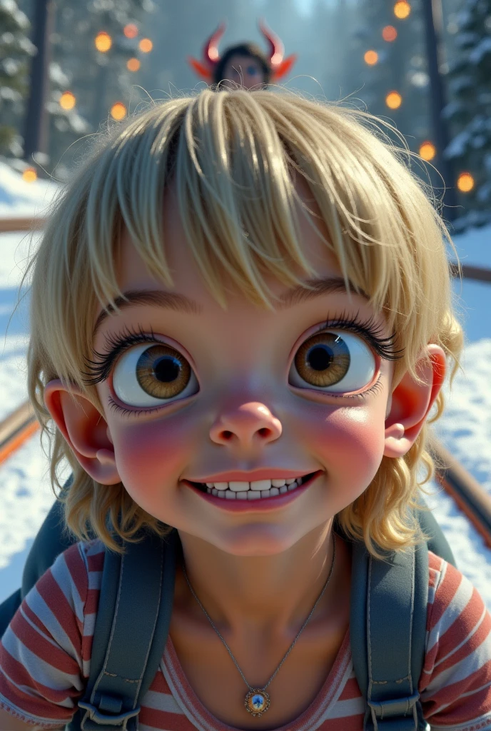 A real one, from about 7 years old, with almond-shaped eyes in a greenish tone, with slightly tanned skin and blonde hair, Your facial features resemble those of Koreans..