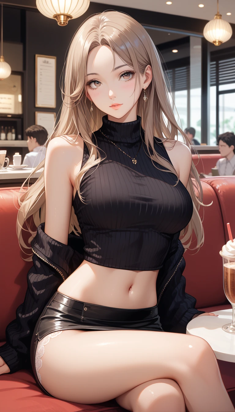 top-quality、Top image quality、​masterpiece、girl with((18year old、Best Bust、big bast,Beautiful blue eyes、Breasts wide open, Blonde ponytail、A slender,Large valleys、Black sweater、White pants、point to the shelf、Ruby Earrings、View product shelf)）hiquality、Beautiful Art、Background with((Large shopping malls)))、,masutepiece、visualart、depth of fields、