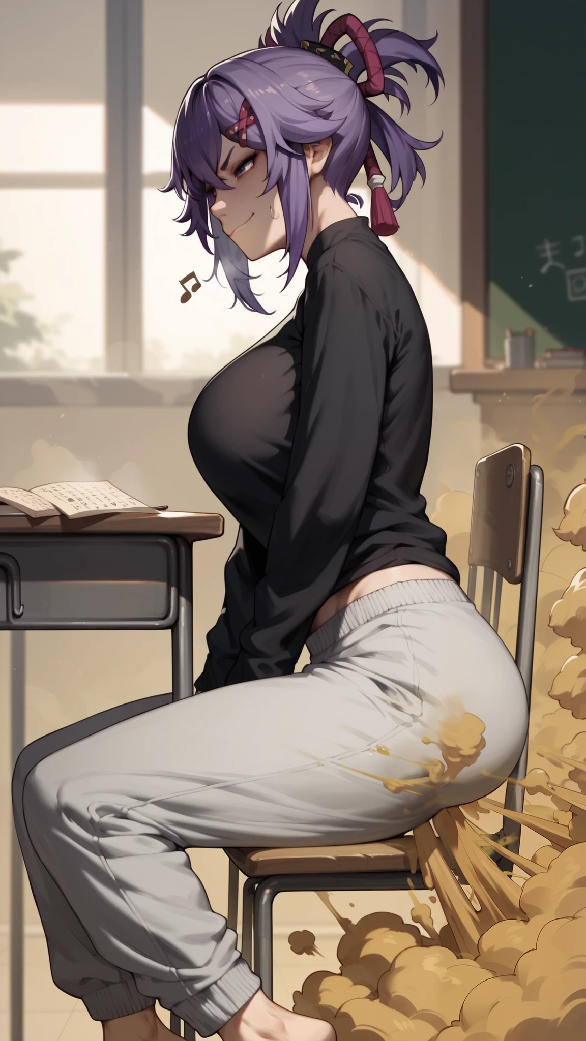 Shinobu from genshin impact, purple hair, smirking, large breasts, gothic, black topwear, ((grey loose sweatpants)), barefoot, steaming, fart, farting, writing notes, sitting in chair, table, from side, classroom,