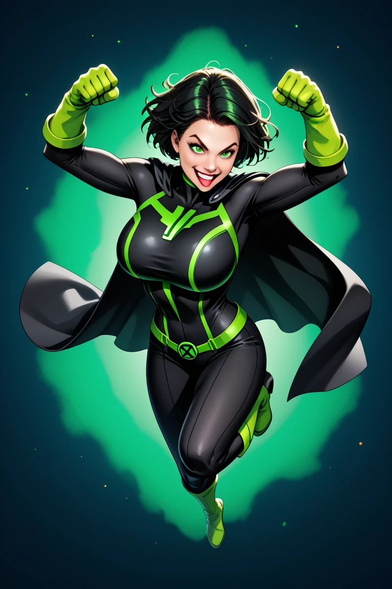  superheroine, , wide cleveage, tight black suit with neon green detaills, black knee high boots, longue gloves, green eyes, short black hair, black cape, flying in the space, smiling, power pose, closed fist, ultra powerfull