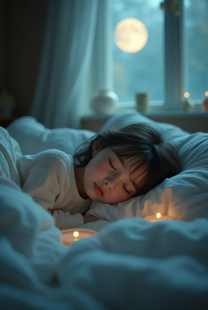 A sleeping young girl in a cozy bedroom, moonlight streaming through the window, delicate features, serene expression, soft bedding, atmospheric lighting, detailed textures, calming color palette, photorealistic, high quality, masterpiece