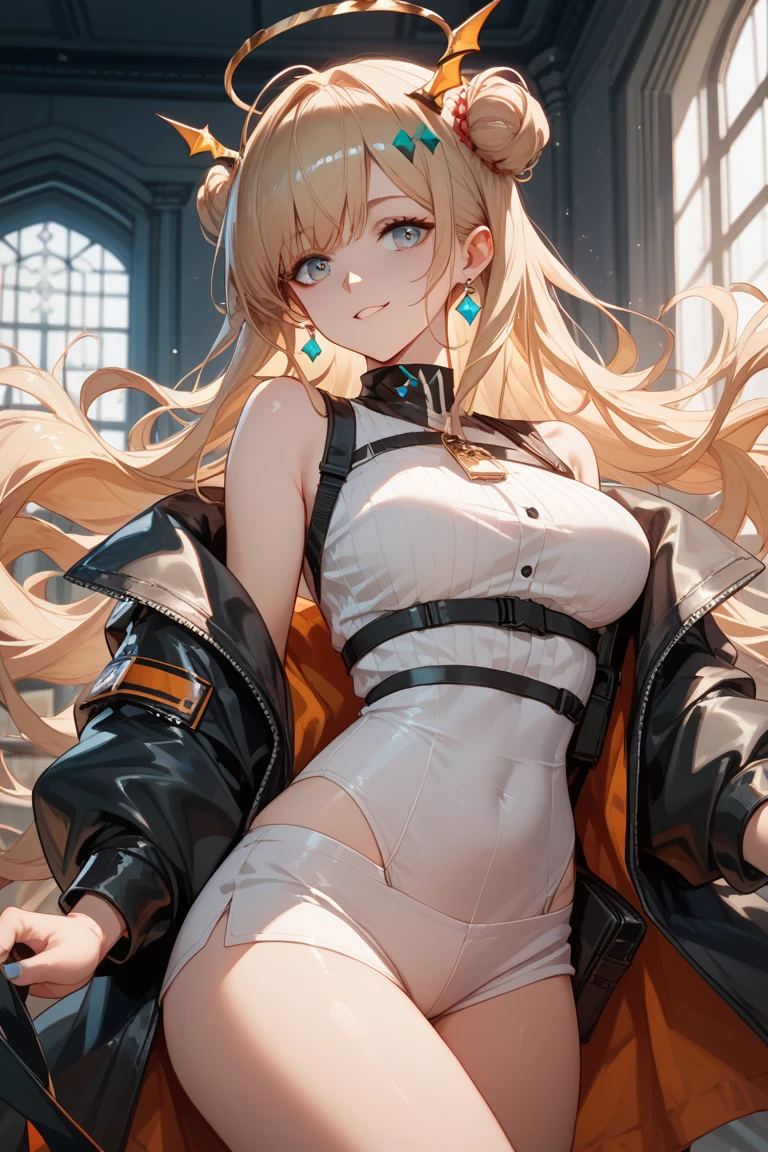 (masterpiece:1.2),(best quality:1.2),(masterpiece, best quality, ultra-high resolution), (1girl), (School background), wavy golden blond hair, bright blue eyes, bright and flirtatious, perfect tanned skin, slender and attractive figure, fashionably dressed in brand name clothes, tight blouse and short skirt, dazzling smile, charismatic personality.