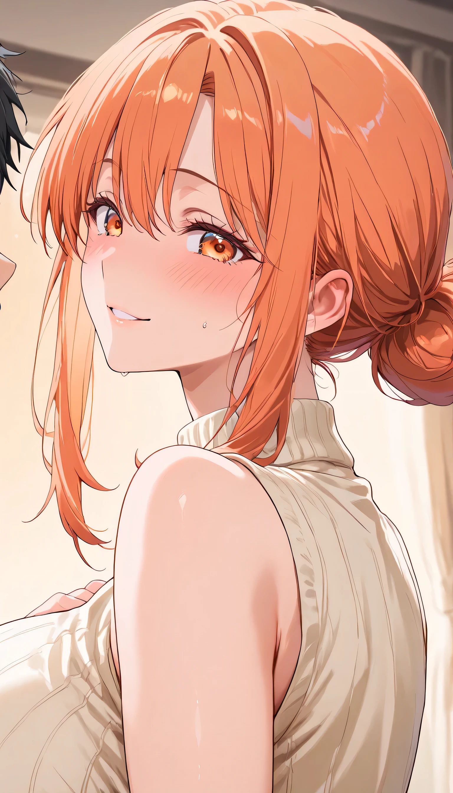 very cute face、((( top quality))), ( details), 8k ,1 person ,perfect anatomy, yuigahama_mother_a,orange hair, hair bun, single hair bun, sidelocks, bangs, orange eyes, mature female, ,nsfw,