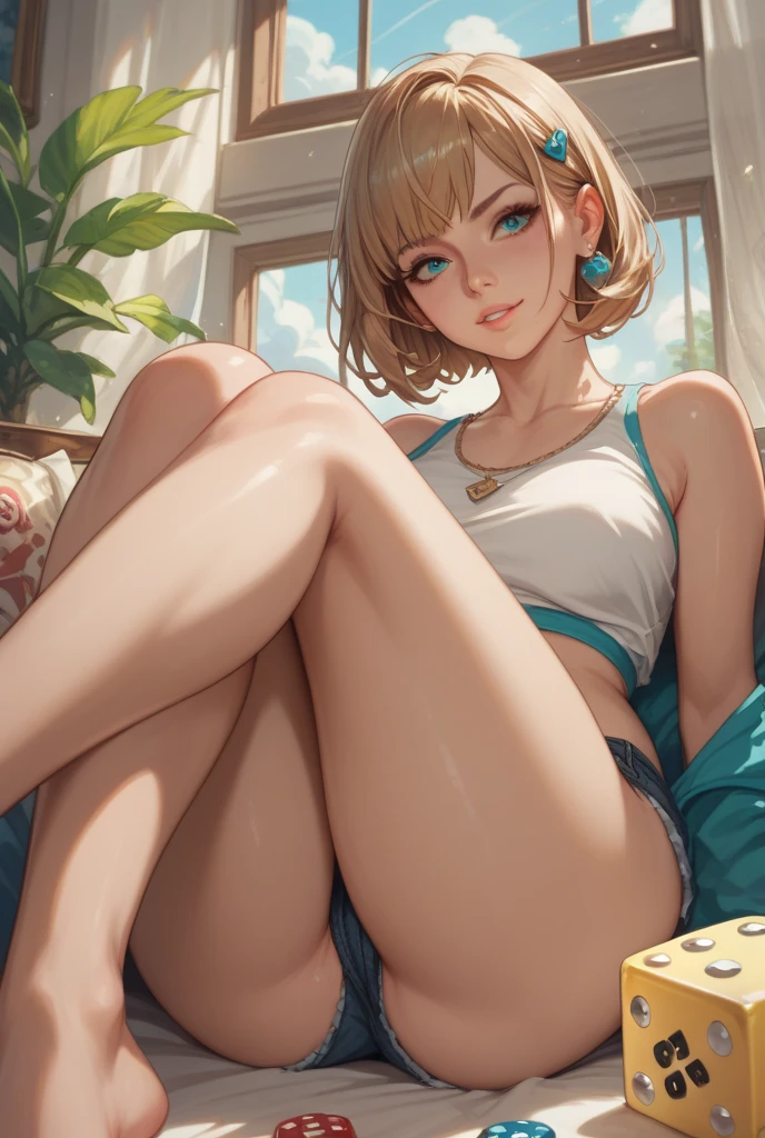 30 year old woman, like Android 18, Dragon Ball, random scenario, short blonde hair, ((naked)). lounge. She shows her wet tongue. Her vagina and anus look good.