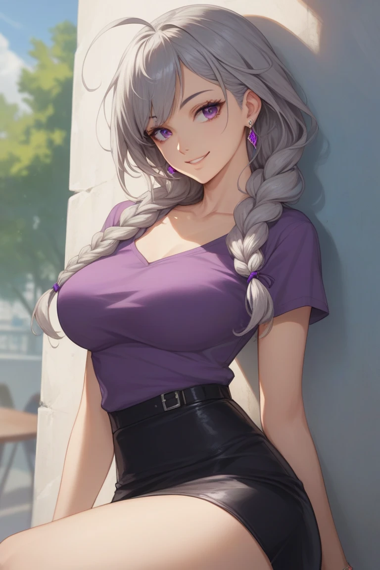 score_9, score_8_up, score_7_up, score_6_up, 1girl, mature female, MeiMei, solo, purple eyes, long hair, braided ponytail over back, lipstick, parted lips, smile, turtleneck, ribbed sweater, (((shoulder cutouts))), long sleeves, purple ribbed jumpsuit pants, looking at viewer, outdoors, cowboy shots, white hair, city background, (((beautifully detailed purple eyes))), nice fingers, nice pants, nice nails