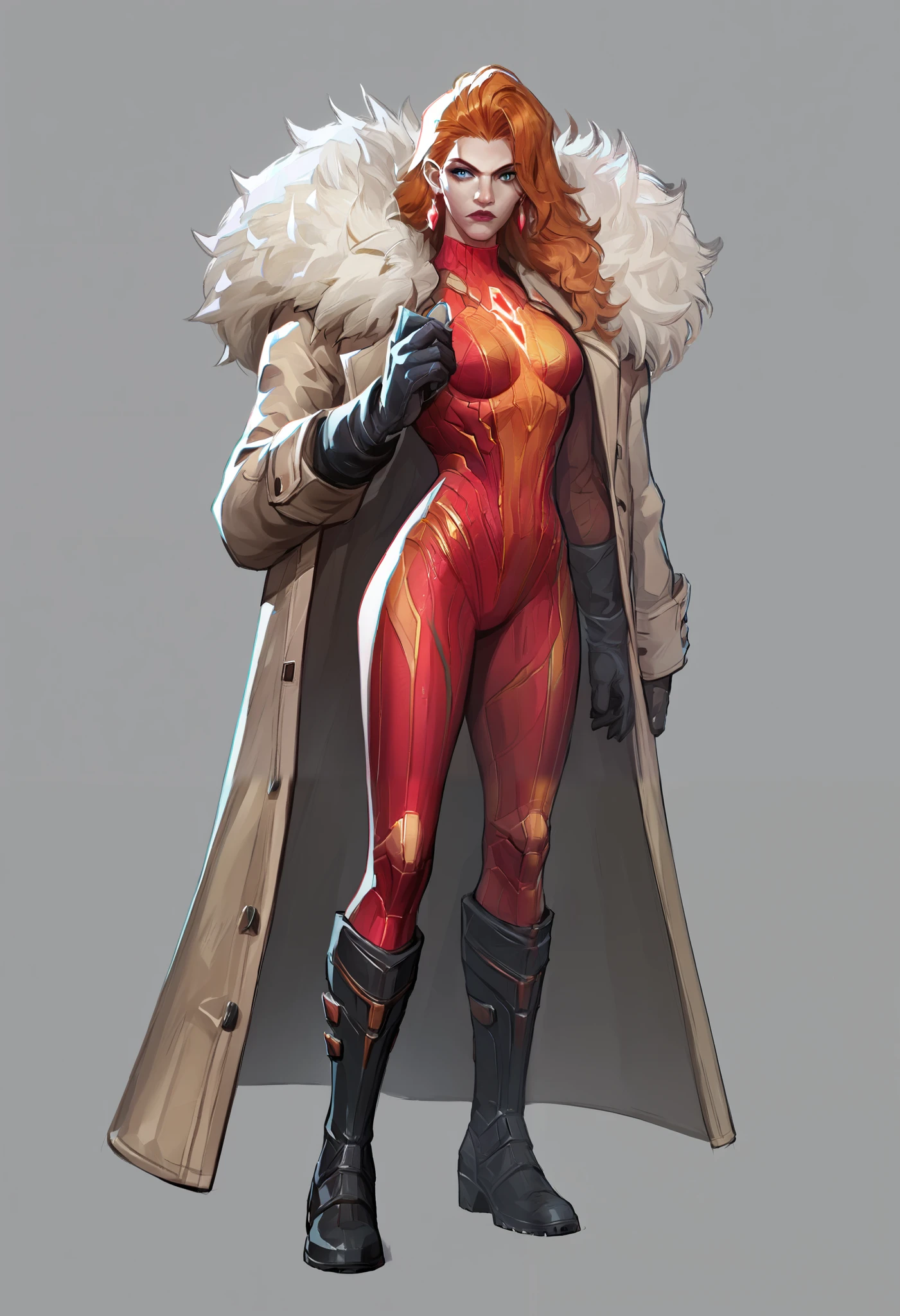 Elsa Bloodstone in Marvel Rivals
Elsa Bloodstone's costume is a bold and practical design that reflects her role as a monster hunter and her adventurous personality. Here's a detailed analysis:
- **Color Scheme:** Predominantly orange and black, with accents of light blue.
- **Bodysuit:** An orange bodysuit with black accents, providing a striking and vibrant appearance.
- **Trench Coat:** A long, light blue trench coat that adds a dramatic flair and practicality for her monster-hunting escapades.
- **Weapons:** She is often depicted carrying dual pistols and has two rifles strapped to her back in an X formation, emphasizing her combat readiness.
- **Gloves and Boots:** Black gloves and boots with silver detailing, completing her combat-ready look.
- **Hair:** Long orange hair tied back, adding to her distinctive appearance.