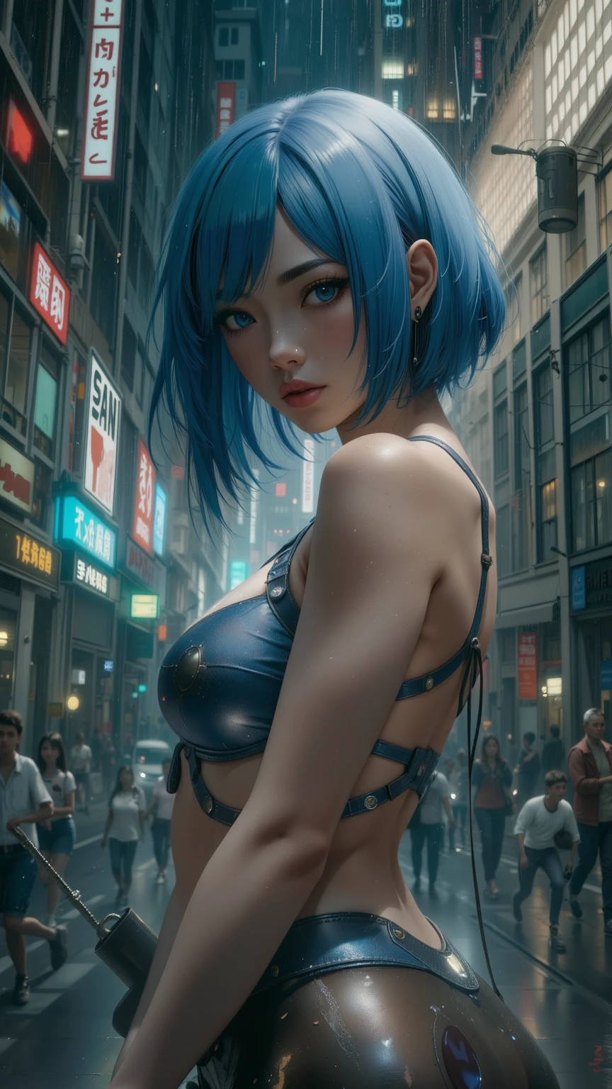 1girl , a  girl , 17 yeper adorable , full head ,(Body : (small breasts) , Skinny ) , ((tmasterpiece)) , (Very detailed CG unity 8K wallpaper) , best qualtiy , cinematic lighting , (hi-top fade:1.3) , dark themed , Muted Tones , Subdued Color , highly contrast , (natural skin textures , Hyper-Realism , Soft light , sharp) , (Hair : (Light Cyan Hair:1.5) , (shoulder-length hair) , ponytail , (Cyan Blue eyes:1.5) , beautiful detailed eyes , (Bright eyes:1.5) , (Very fine and beautiful) , (Beautiful and detailed eye description) , ( Background : (Random Amusement park at night Background) ) , Blur Background , (Topless) , Periwinkle Big Shape Jeans , Light cyan Furry Strapped Combat Bootie Boots , Full body shot , random view ,(Joyful Emotion:1.5) , Happy expression , (Pose : random pose , smile shy ) , (hair covers one eye : 1.5), Navel, small breast, photographers on background, camera flash, photoshoot, photographers
