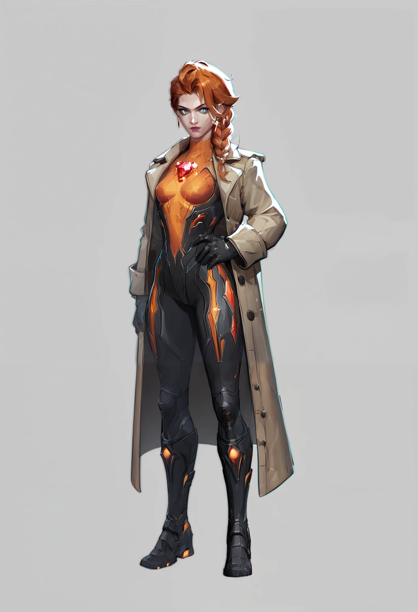 Elsa Bloodstone in Marvel Rivals
Elsa Bloodstone's costume is a bold and practical design that reflects her role as a monster hunter and her adventurous personality. Here's a detailed analysis:
- **Color Scheme:** Predominantly orange and black, with accents of light blue.
- **Bodysuit:** An orange bodysuit with black accents, providing a striking and vibrant appearance.
- **Trench Coat:** A long, light blue trench coat that adds a dramatic flair and practicality for her monster-hunting escapades.
- **Weapons:** She is often depicted carrying dual pistols and has two rifles strapped to her back in an X formation, emphasizing her combat readiness.
- **Gloves and Boots:** Black gloves and boots with silver detailing, completing her combat-ready look.
- **Hair:** Long orange hair tied back, adding to her distinctive appearance.