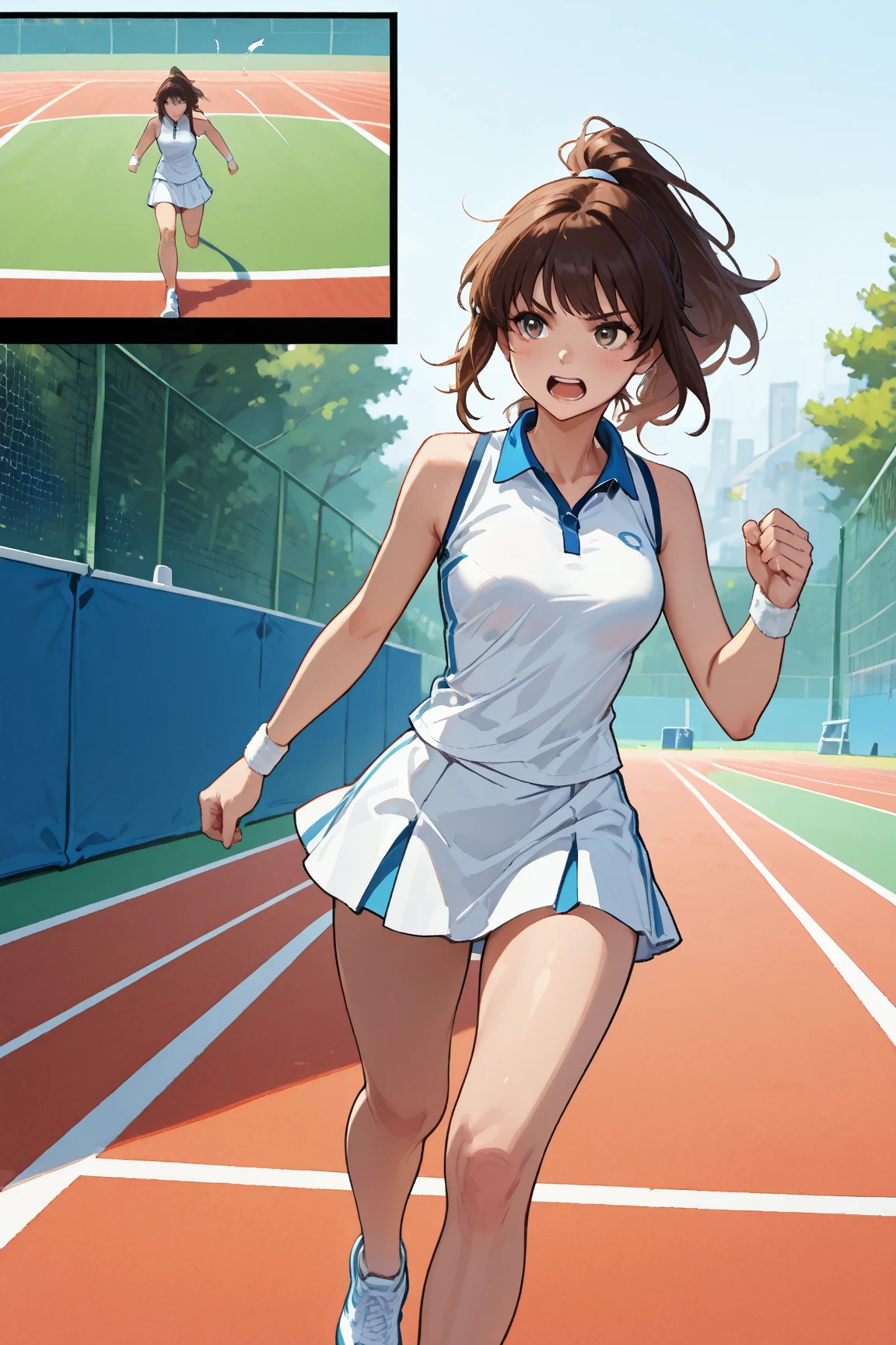 ((best quality)), ((Masterpiece)), realistically, ((1 girl)), outdoor, smile, (tennis dress), (track field), daytime, glitter hair, glowing eyes, (((sit with knees raised))), (((microskirt))), Blush, daytime, sweat, see through dress, nipples, sleeveless shirt, (((pussy reveal))), armpit, , hesitate, masterpiece, highest quality, Highest resolution, highest detailed face, perfect hands, perfect anatomy, small breast, (((full body view))), long hair, 1girl, pleated skirt, sexy pose, side view, spread legs little, twintails, arm up, skirt lift, front view angle, beach, Riho Tsukishima, microskirt