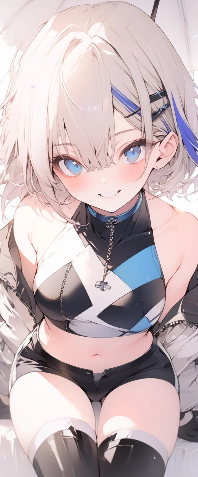 beautiful, masterpiece, Highest quality, anime, One girl, C Cup,Portrait Shot, View your viewers, Intricate details,>,((Covered、Short Hair、nearby、Blue Eyes、art、、White hair,Blue streaked hair、wallpaper、、hairpin、smile、Thighs、Plainer_Race Queen、Plainer_Gloves、Plainer_Knee-high boots