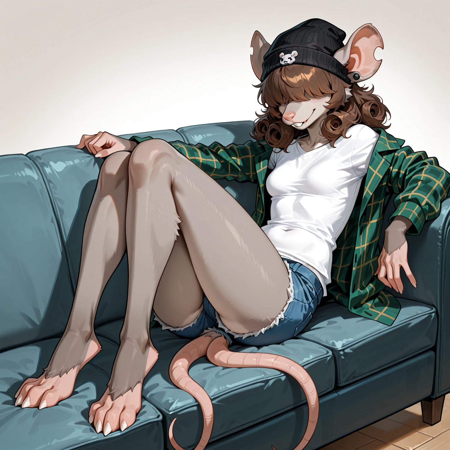 score_7, score_5, kawaii, mature adult woman relaxes against a wall, raccoon_ears, domino_mask, raccoon_tail, converse, long_legs, (paint_splatter_on_face:1.21), fingerless_gloves, micro_shorts, ass, small_breasts, tank_top, open_jacket, green_jacket, body_freckles, covered_nipples, short_hair, messy_hair, brown_hair, pink_eyes, grin, sharp_teeth, head_tilt, sitting, against_wall, pussy_peek, fat_mons, arm_support, arms_at_sides, spray_paint cans on the ground, (graffiti:1.21), vibrant pastel theme, night, night_sky, spotlight, outdoors, dutch_angle,