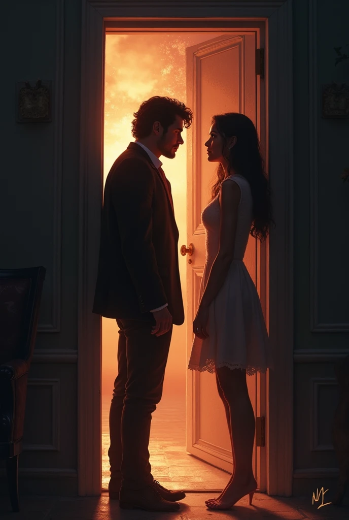 a man and a woman holding each other's hands together, warmth accompanies them in the middle of the dark night, the woman almost fades, the woman is a ghost and the man is a human.  the woman will disappear and melt, the woman wears warm clothes and the man continues to look at the woman's eyes which will melt into pieces, remember women are ghosts in human form and very men are humans