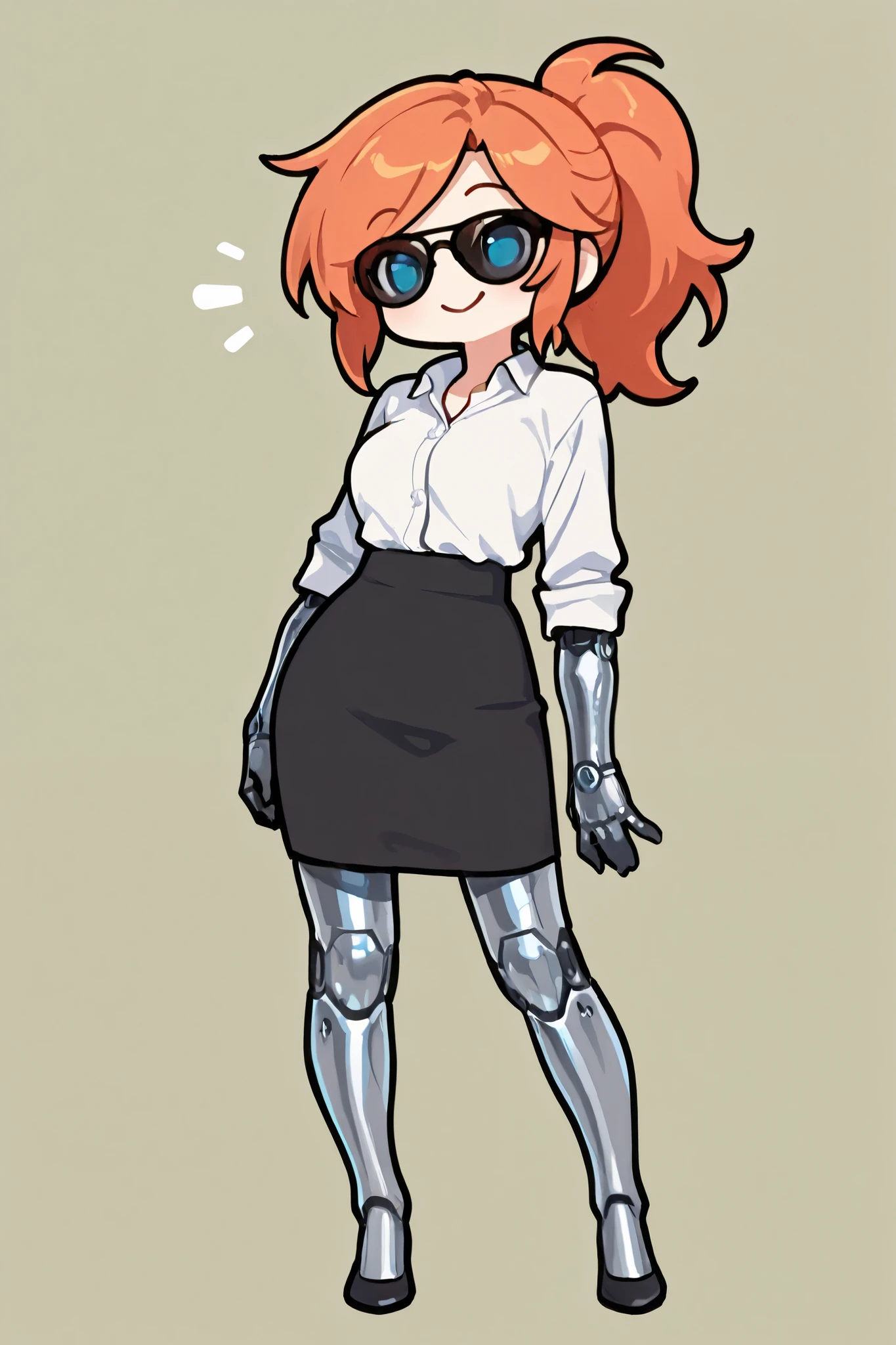 masterpiece, best quality, highest resolution, 1 girl, solo, orange hair, iron legs, iron arms, black suit, dress shirt, skirt,mature, smile, simple background,ponytail,, blue eyes, happy, blue eyes, sunglasses, proud expression, chibi style