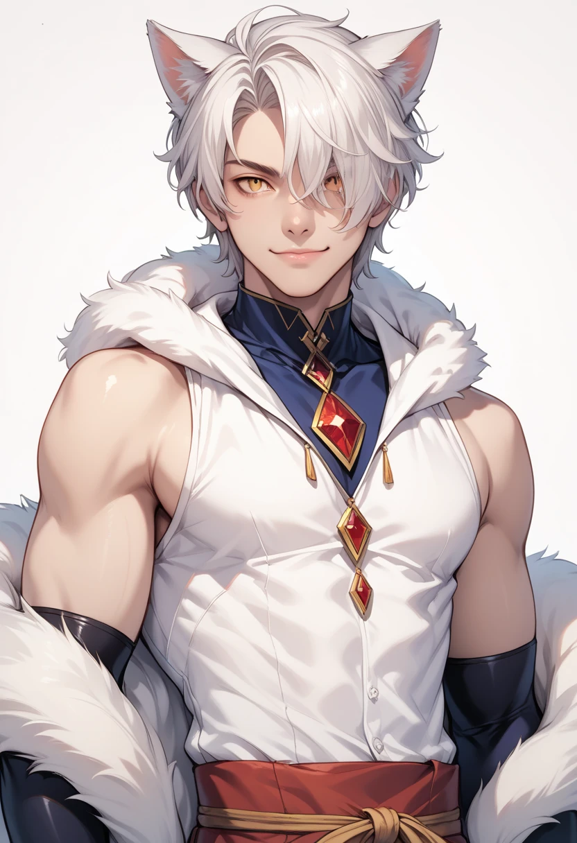 (masterpiece: 1.2), (very detailed: 1.2), (perfectly detailed), (very detailed and beautiful: 1.1) solo, 1 boy, male only, muscular male, dynamic pose, shaved temples, thick stubble, has thick stubble, body hair, action scene, detailed face, at full height, big bulge, white fox ears, white hair, dressed in a sexy costume, BDSM costume, The character is tied with straps,