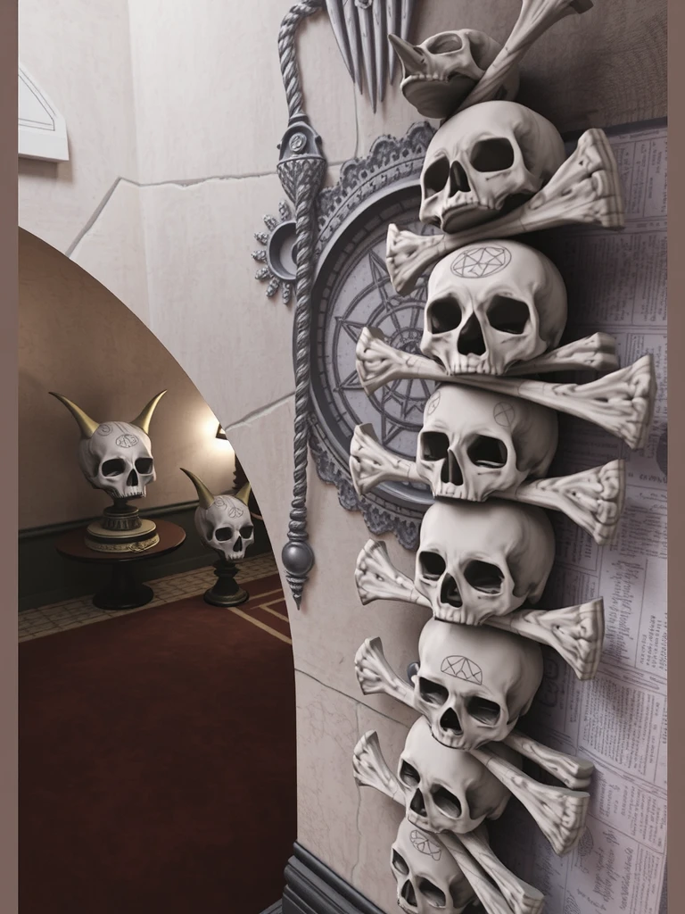 Rectangular cabinet 3 meters high and 2 meters wide in light oak, Gothic patterns: the human skull is located in the center on the left door of the cabinet; Grape vines are located throughout the area on the right door of the cabinet, Gothic carving, brown lacquering, cabinet doors are closed, each cabinet door has one large handle of the same appearance at the edges, symmetry, the highest picture quality.