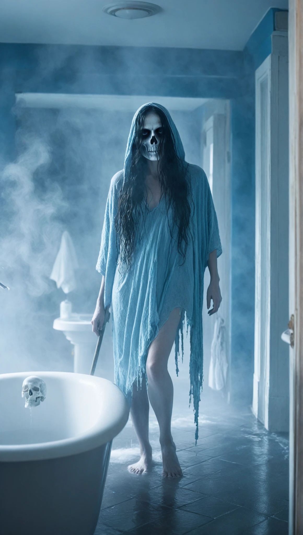 A claustrophobic, steam-filled bathroom in a small bungalow, captured in photorealistic detail with a cinematic atmosphere. The air is thick with lingering heat and moisture, the walls slick with condensation, reflecting faint glimmers of light. A 43-year-old woman stands before a fogged 3-by-5-foot mirror above a sink, her damp skin glistening, wet hair plastered to her shoulders, rivulets of water tracing her bare spine. A discarded towel pools at her feet. The mirror is streaked with a single 5-inch diagonal swipe through the fog, revealing not her reflection, but the Grim Reaper’s decayed, gaunt skull—rotten and framed by a tattered hood, its hollow eyes glowing with a sickly, menacing light. The bony hands clutch a rusted scythe, its cruel blade cutting into the frame. Blue electricity crackles across her skin, illuminating the steam in flickering bursts of cold light, casting eerie shadows. Her expression is unflinching, resolute, as she stares into the Reaper’s visage—a haunting, surreal moment frozen in time. Ultra-detailed textures, dramatic lighting, and a moody, oppressive ambiance dominate the scene.
Settings Suggestions:
- Style: Photorealistic, Cinematic
- Lighting: Dramatic, low-key with blue electric highlights
- Mood: Tense, surreal, haunting
- Detail Level: Ultra-high