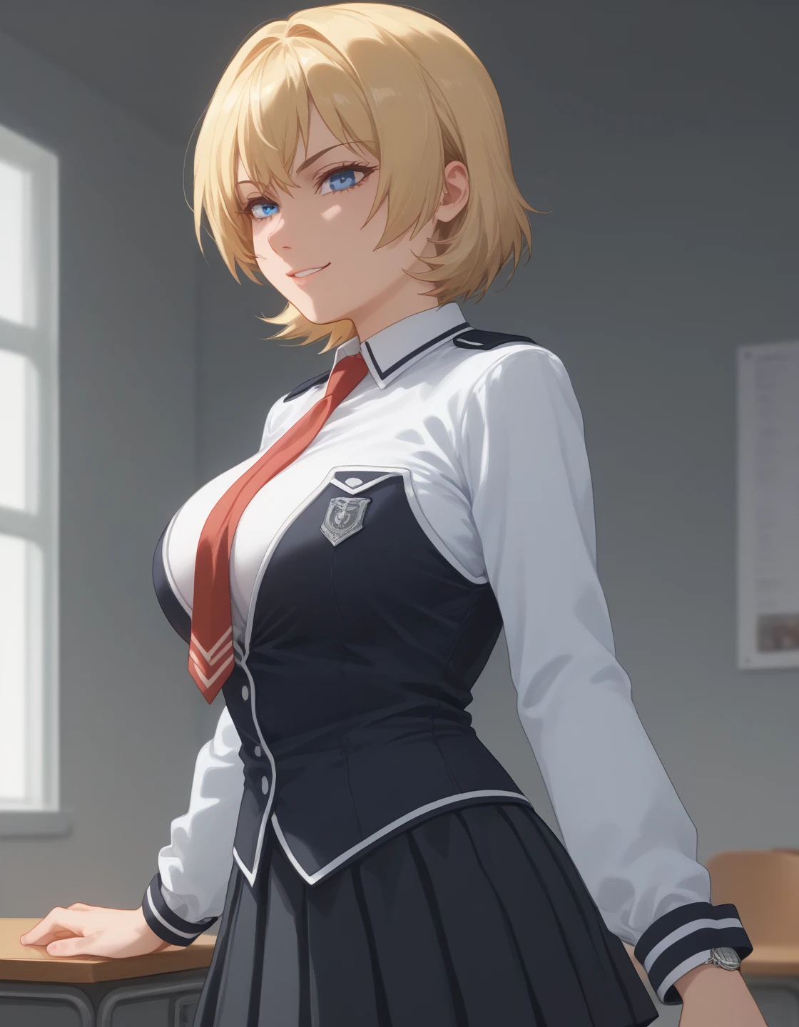solo、Huge breasts、Blonde、Very short hair、blue eyes、Narrow waist、student、Navy blue blazer、slacks、necktie、Tall、Red cheeks、Perm、A confident smile、hand on hip