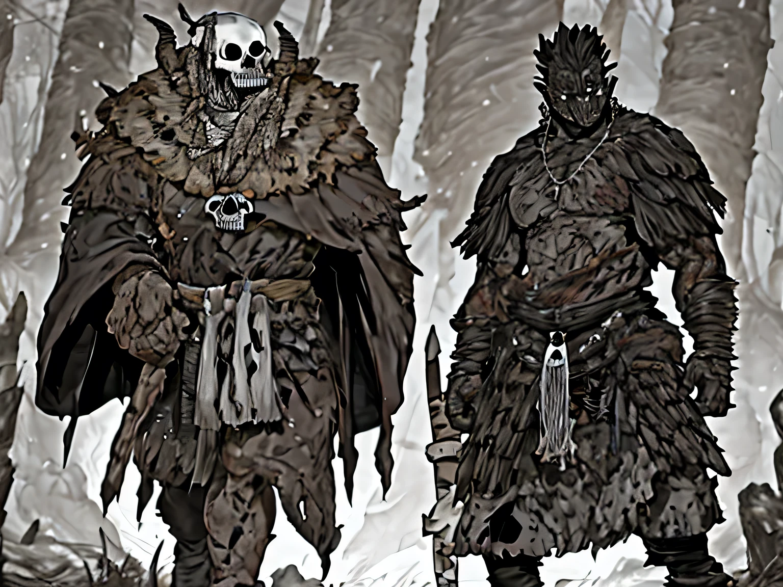 Ceifadores de Ossos
💀 Estilo: Tribal Warriors , Cannibal Predators
Description: A tribe of tall, skeletal humanoids, covered in ritual tattoos done with dried blood. Your ribs are visible under stretched skin, but not because they are weak — because their bodies have adapted to consuming only the bones of prey. They use sharp spears made of femurs and skulls transformed into helmets. Your leader, known as The Crusher, carry a giant axe made of vertebrae and petrified claws.
🎨 color palette : White-boned, dry red, rotten brown.
💡 Extra Elements : Human tooth necklaces, smell of burnt meat, whispers of ritualistic prayers before an attack.