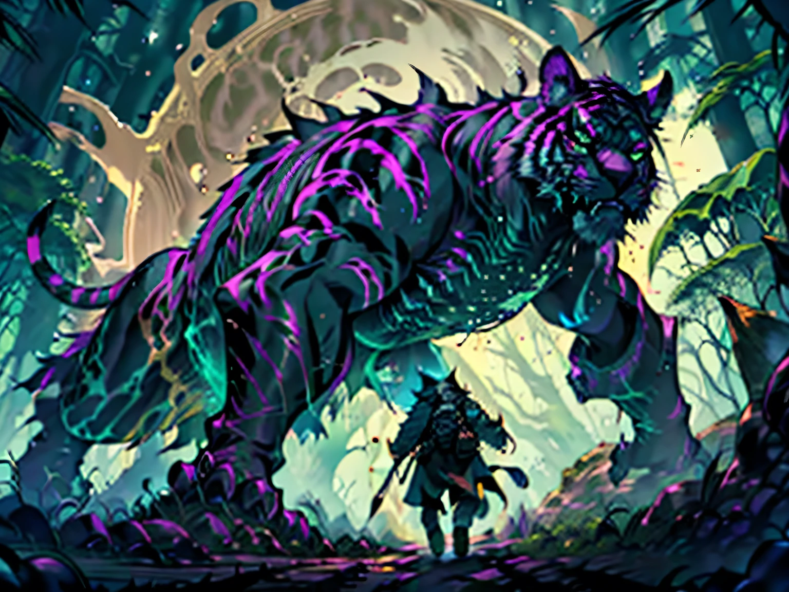 Tigrante de Espinhos
🐯 Estilo: Wild Predator, Criatura Mutante
🌿 Descrição: A tiger-like feline beast, but with a row of bone spines running along his spine, that bristle like spears when in attack mode. Your eyes glow in the dark, and its skin changes color to blend with the environment. It can shoot its spines like poisonous darts, making him deadly both in close combat and from a distance.
🎨 color palette : Ochre orange, black-shadow, Moss-green .
💡 Extra Elements : Footprints deep in the ground, roars echoing through the jungle, smells of blood and moisture around it.