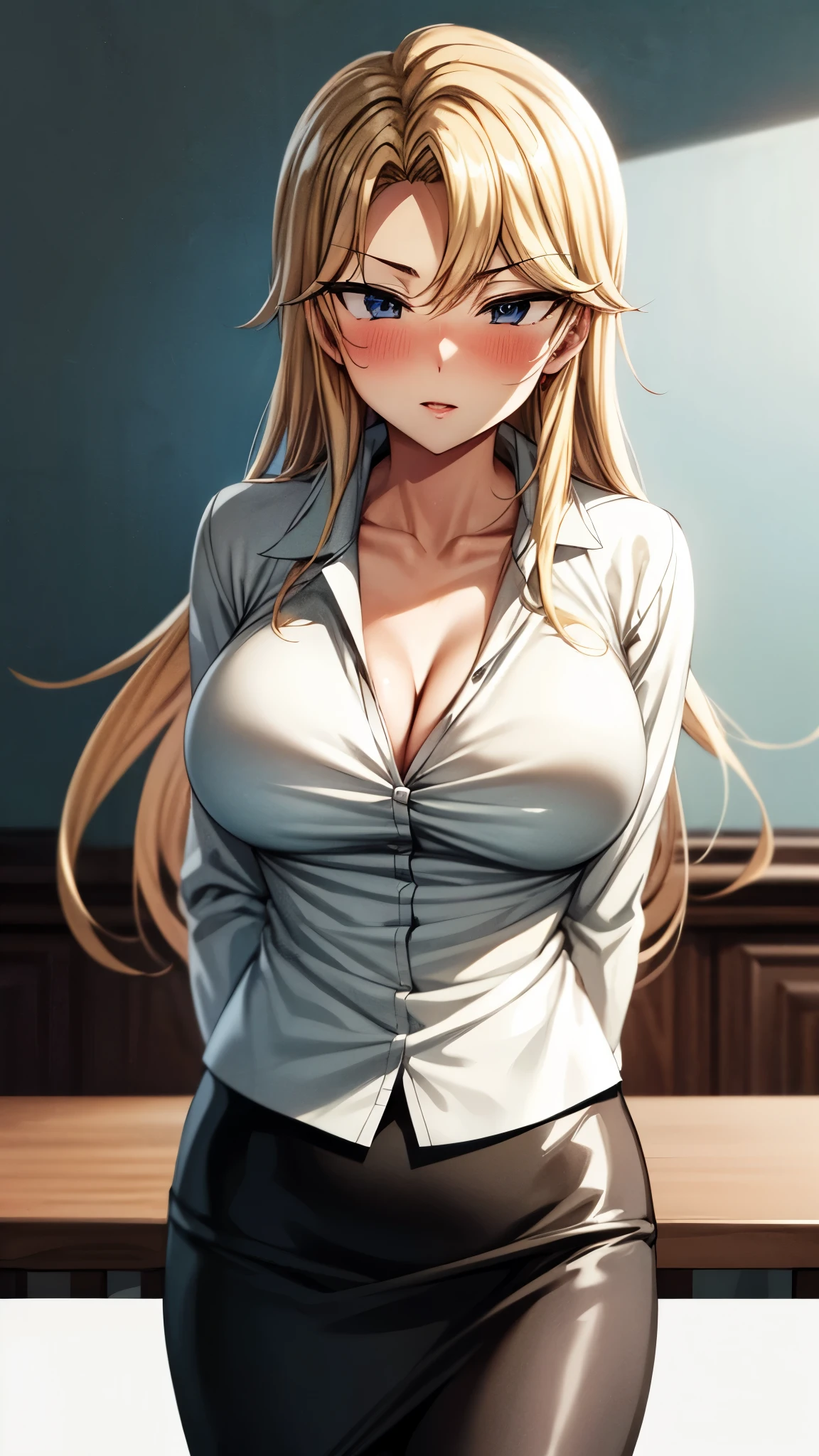 1girl, marin kitagawa, blonde hair, choker, ear piercing, earrings, long hair, piercing, (red eyes:1.3), straight hair, swept bangs, (blush:1.3),
BREAK nsfw, (black bra:1.3), (cleavage:1.3), (Breasts sticking out of shirts:1.5), long sleeves, pleated skirt, school uniform, shirt, skirt, sleeves rolled up, white shirt,
BREAK indoors, classroom,
BREAK looking at viewer, BREAK (masterpiece:1.2), best quality, high resolution, unity 8k wallpaper, (illustration:0.8), (beautiful detailed eyes:1.6), extremely detailed face, perfect lighting, extremely detailed CG, (perfect hands, perfect anatomy),