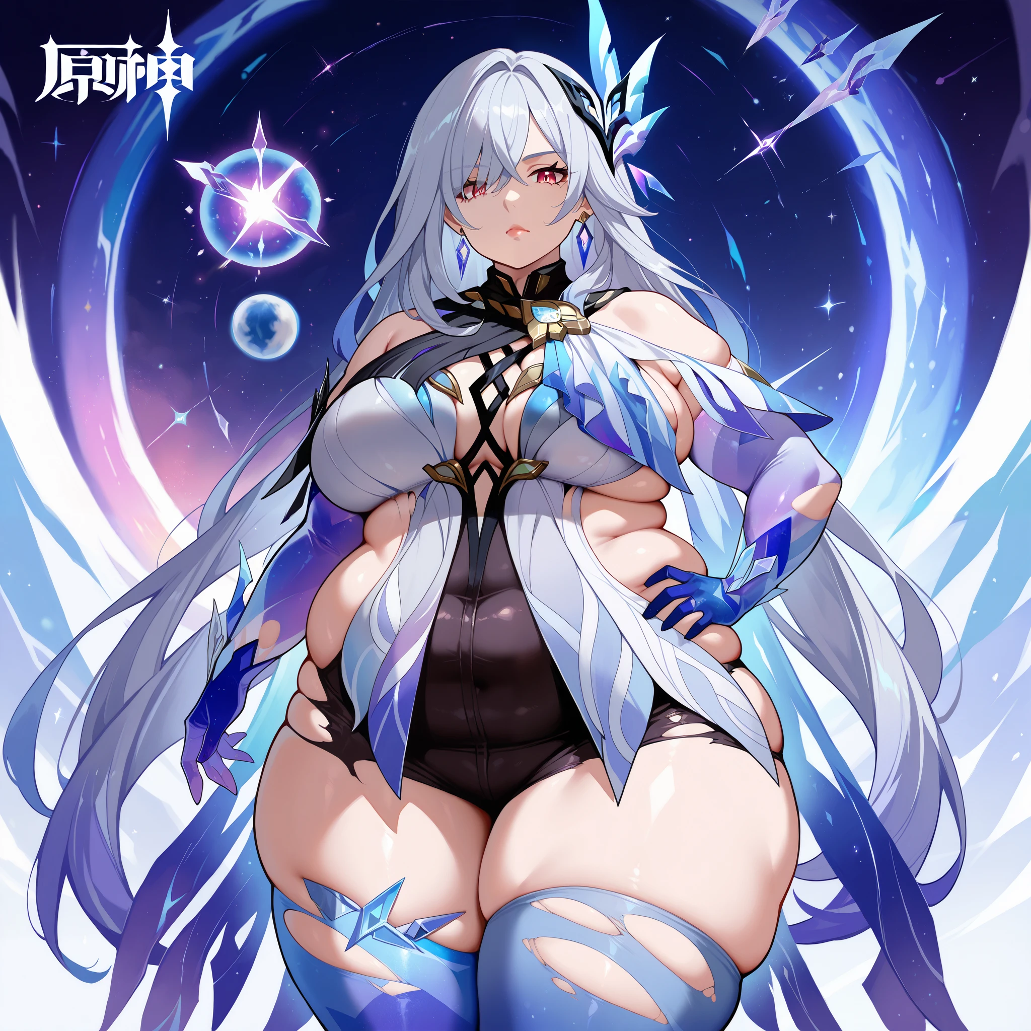 skirk \(genshin impact\), genshin impact, 1girl, solo, breasts, long hair, gloves, thighhighs, looking at viewer, elbow gloves, hand on hip, bangs, hair ornament, jewelry, blue gloves, bare shoulders, grey hair, large breasts, earrings, thighs, blue thighhighs, purple eyes, very long hair, hair between eyes, torn clothes, leotard, dress, red eyes, standing, closed mouth, black shorts, shorts, universe, event horizon masterpiece, best quality, very aesthetic, absurdres, Curvy, chubby, chubby girl, curvy, large breasts, lips, plump, thick thighs, thighs, (((oversized gigantic stomach)), curvy, large breasts, lips, plump, thick thighs, thighs, immobile