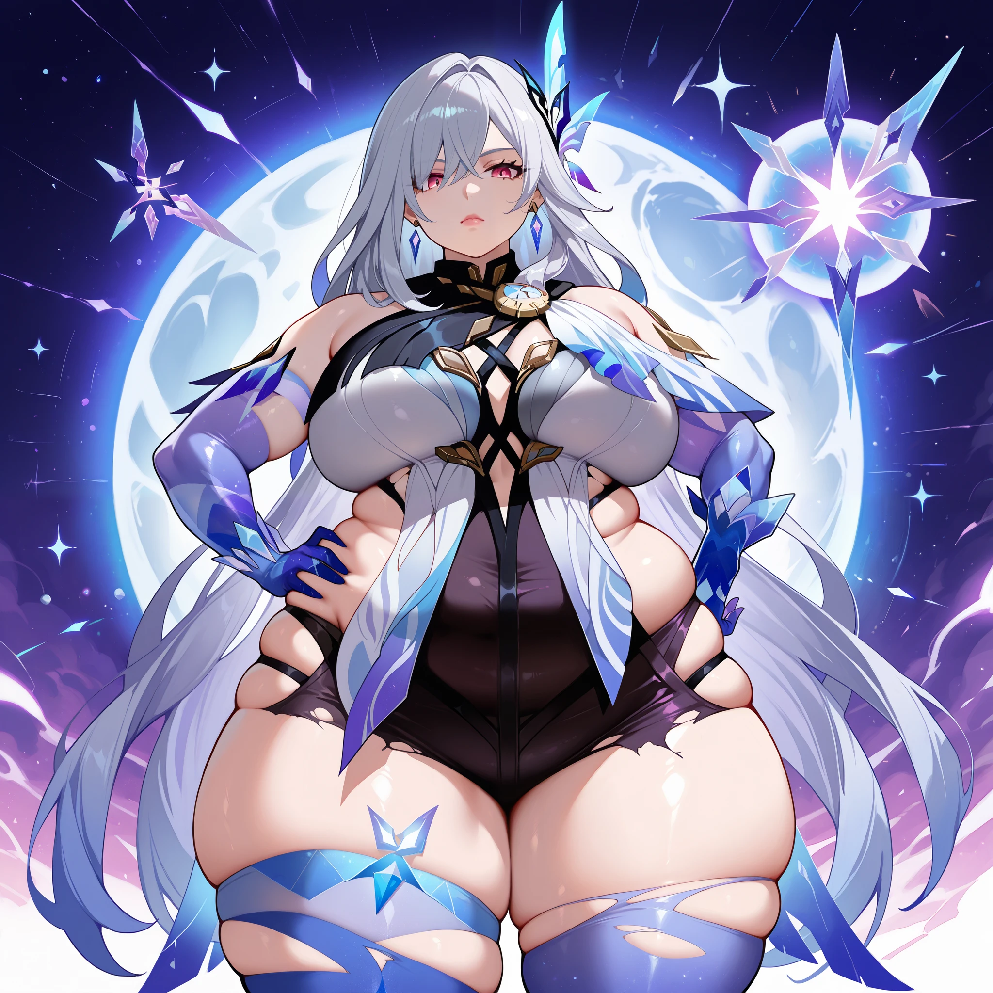 skirk \(genshin impact\), genshin impact, 1girl, solo, breasts, long hair, gloves, thighhighs, looking at viewer, elbow gloves, hand on hip, bangs, hair ornament, jewelry, blue gloves, bare shoulders, grey hair, large breasts, earrings, thighs, blue thighhighs, purple eyes, very long hair, hair between eyes, torn clothes, leotard, dress, red eyes, standing, closed mouth, black shorts, shorts, universe, event horizon masterpiece, best quality, very aesthetic, absurdres, Curvy, chubby, chubby girl, curvy, large breasts, lips, plump, thick thighs, thighs, (((oversized gigantic stomach)), curvy, large breasts, lips, plump, thick thighs, thighs, immobile