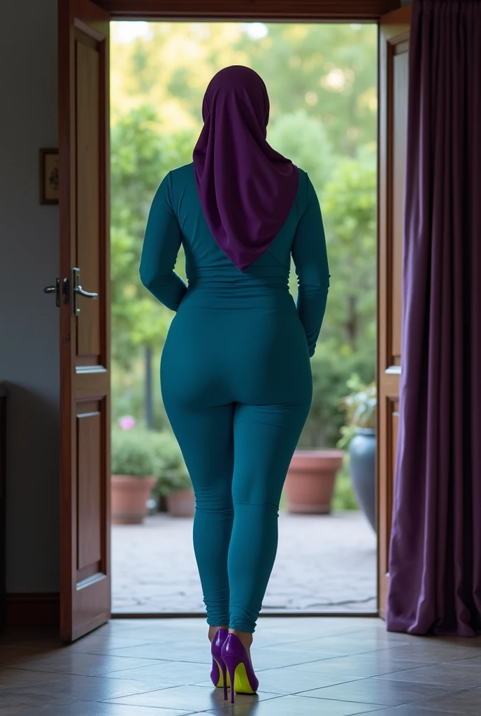 ((best quality)), ((masterpiece)), ((realistic)), ((full body)), 12-year-old girl, girl wear hijab, cute face, mesmerizing blue eyes, extremely detailed, white skin tone, fit body, skin with pores, potrait, wearing hijab, fat vagina, cameltoe, tight thighs, wearing light blue jumpsuit, wearing pink shoes, fit body, back view, bum showing, walking in park, shallow depth of field