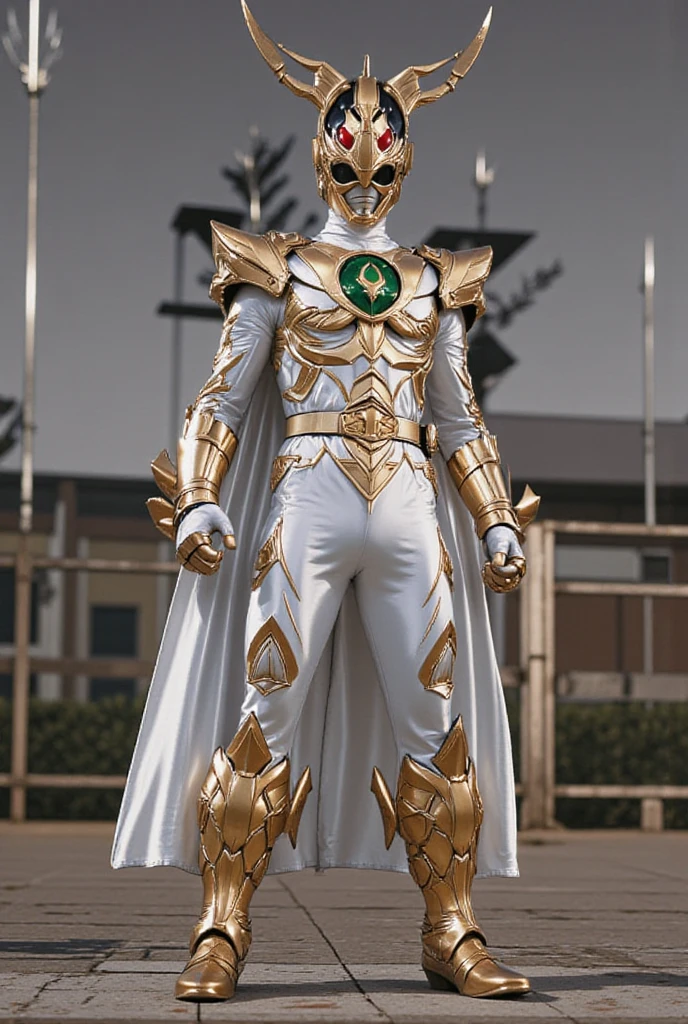 masterpiece,best quality, masterpiece, high detail,detailed face,detailed eyes,rendered eyes,perfect eyes,hip lines,ambient occlusion,crisp image,detailed,amazing,8k,8k wallpaper,8k background,high detailed skin,high res,((cowboy shot)),(running),megazord,mecha,(battlefield background) ((solo)), (lord drakkon), armor,helmet,bodysuit,belt,red eyes,gloves,mask,boots,horns,single horn,gold armor,white gloves,white bodysuit,vambraces