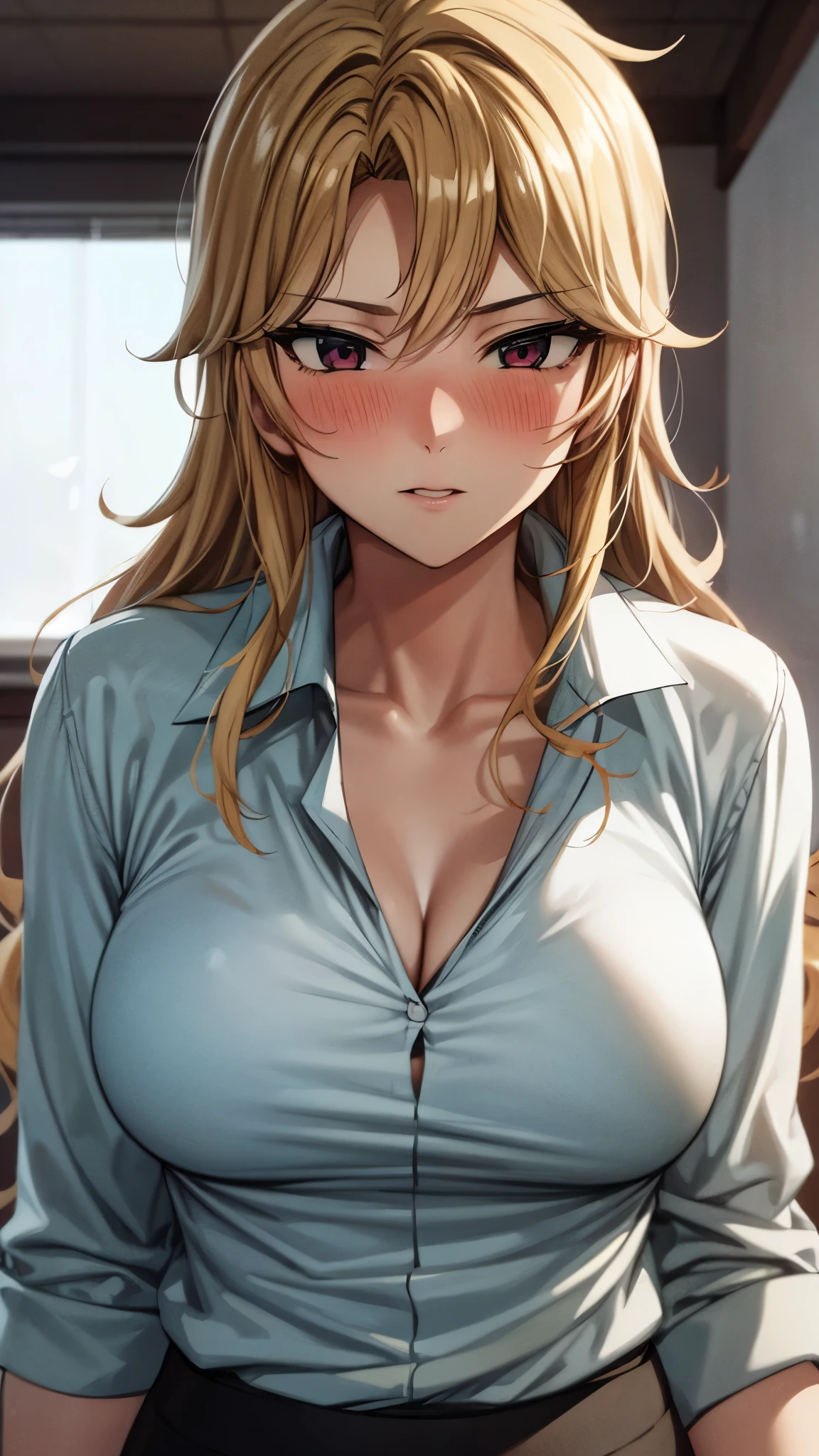 BREAK looking at viewer, BREAK (masterpiece:1.2), best quality, high resolution, unity 8k wallpaper, (illustration:0.8), (beautiful detailed eyes:1.6), extremely detailed face, perfect lighting, extremely detailed CG, (perfect hands, perfect anatomy),school,desk,tables,windows,soft light,rangiku matsumoto, long hair, (grey eyes:1.5), orange hair, mole, mole under mouth, parted bangs,skirt, shirt, cleavage, jewelry, school uniform, pleated skirt, necklace, chain, collar, short sleeves, grey skirt, white shirt,upper body,bend over table,in middle,nipples see through,wet uniform.