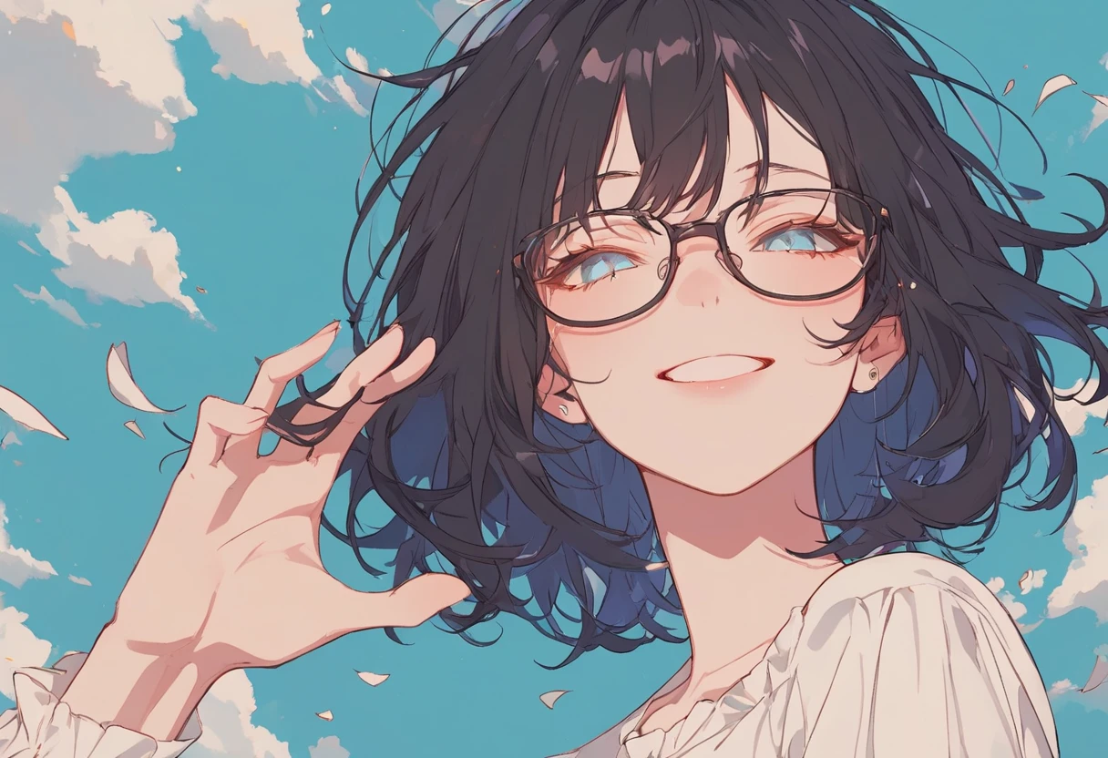 masterpiece, best quality, great quality, very aesthetic, high definition, latest, HYPER DETAIL, one girl, dynamic angle, flat color, black hair, short hair, simple background, glasses, smile, high brightness