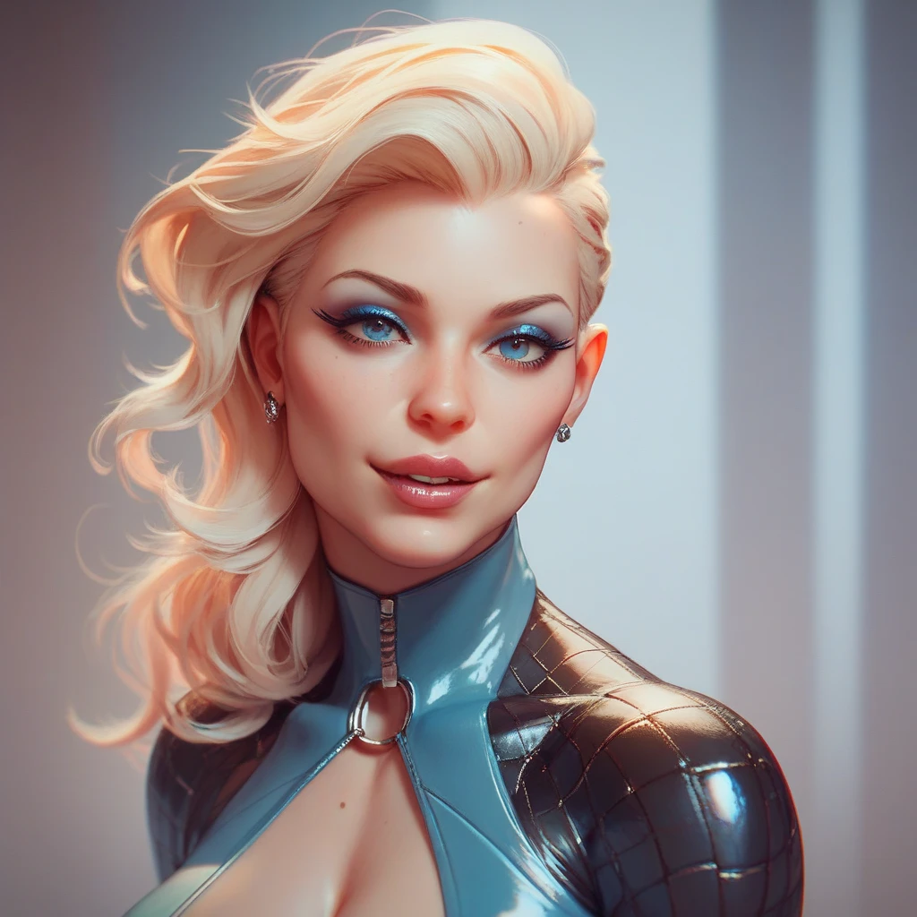 masterpiece, top quality, best quality, official art, beautiful and aesthetic, 1girl, Teal Strappy bodysuit, colorful bodysuit, Firm, Heart-Shaped Face, Porcelain Skin, Narrow Nose, Pouty Lips, Square Chin, Coral satin lipstick, bobby pin, golden blonde Fine Hair Shoulder-Length Hair Ponytail, fashion studio, key light, environmental light
<lora:colorfulBodySuit_lora01:0.8> <lora:coloricher:0.15>