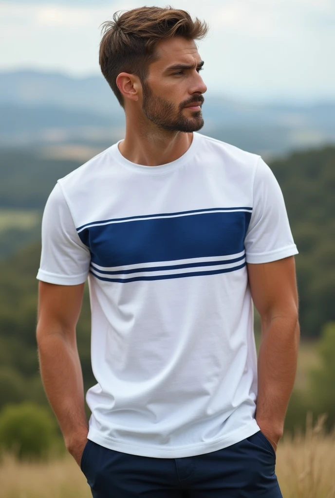 Joven pelirroja molestaenojada, Cabello largo, gafas, de pie con los brazos cruzados, White trousers and light blue short sleeve shirt