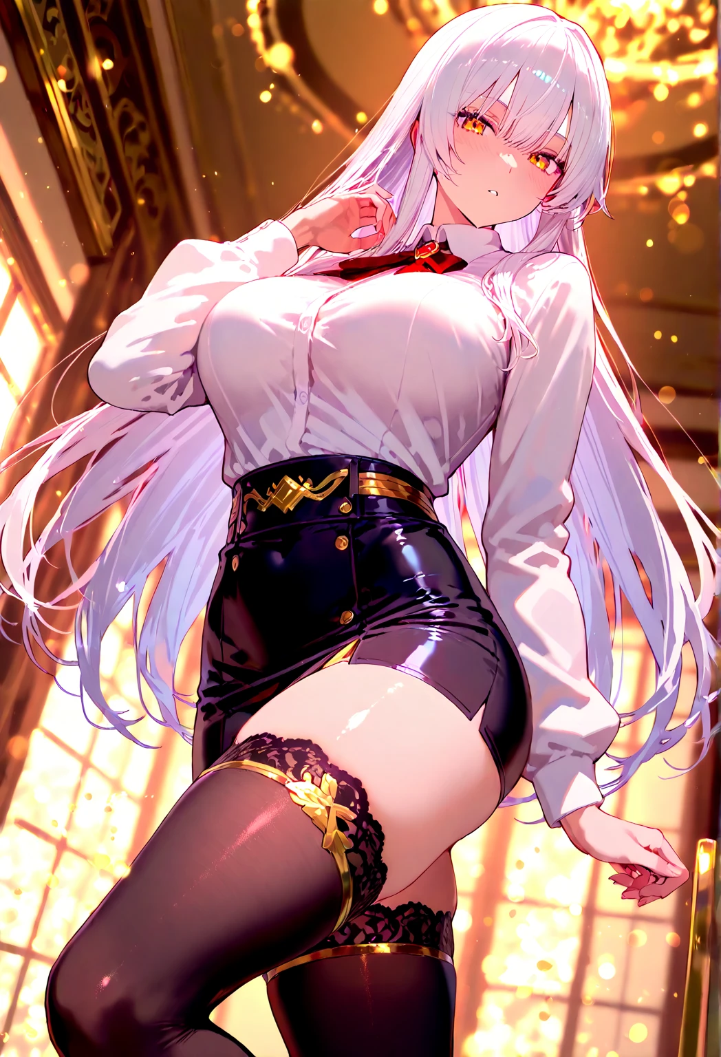 realistic, 1 girl, gray hair, purple eyes, shining eyes, crop top, skirt, parted lips, blush, night, flowers, sun, sunlight, (In underwear), stockings, i don't'don't have clothes, visible panties, embarrassing, almost i don't'don't have clothes, wearing a garter belt