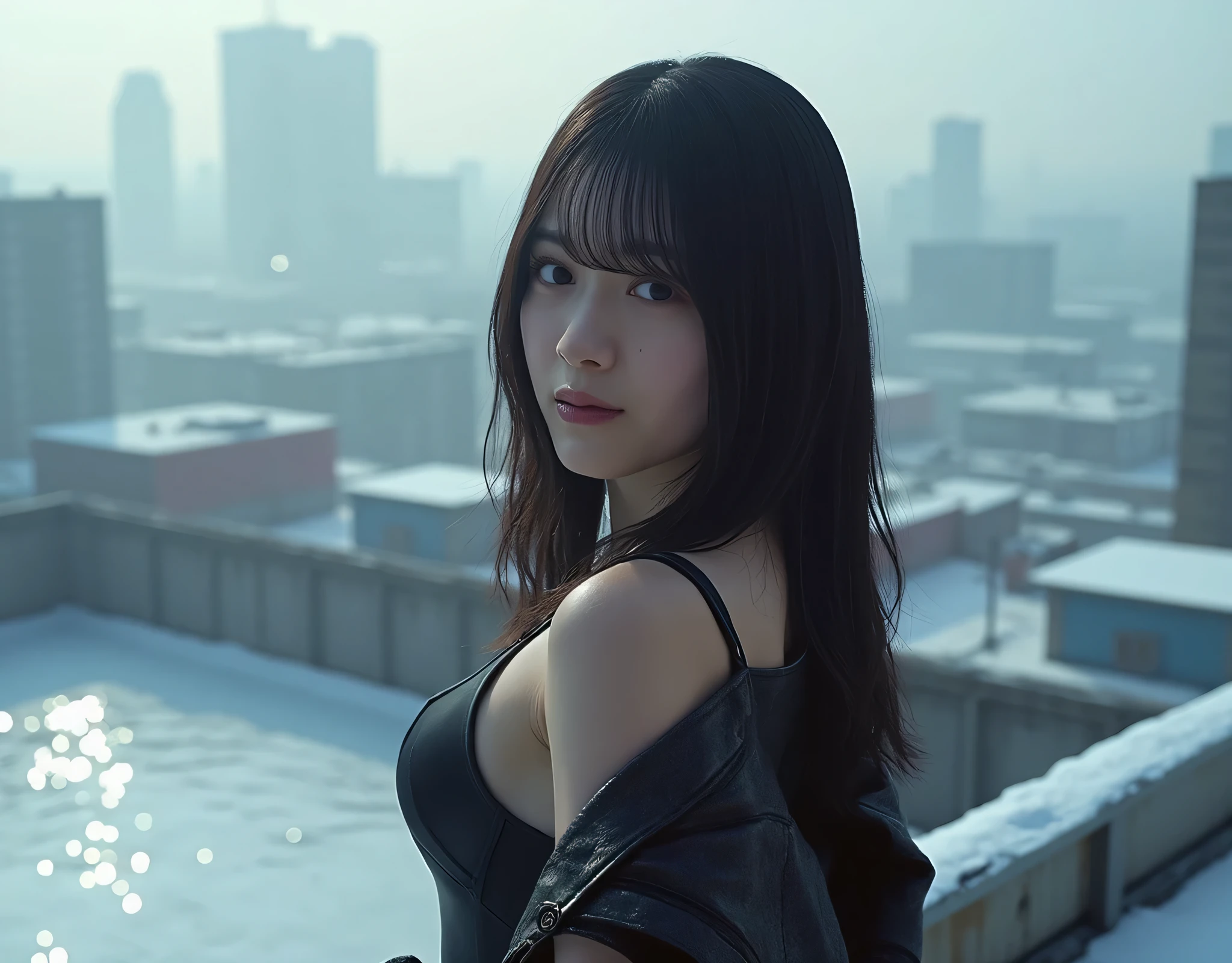 A woman with the supernatural power to fly、(Soaring above the big city:1.6)、(Hair blowing in the wind and clothes fluttering in the wind)、Charming smile、Distinctive and attractive costumes、Dynamic pose、Dynamic low-angle shot、mynatalee women 、 (highest quality、4k、8k、High resolution、masterpiece:1.2)、Super detailed、(Real、Photorealistic、Photorealistic:1.37)、HDR、Bright colors、Portrait、Sharp focus、Studio Lighting、anime、Bright colors