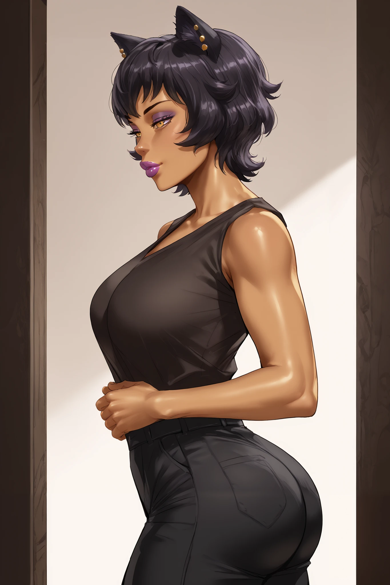 score_9_up, score_8_up, score_7_up,score_6_up, score_5_up, score_4_up,source_anime,rating_questionable, 1girl, kali belladonna from rwby, (olive skin tone:1.4), mature older woman, purple full lips,zPDXL2, medium breasts, bubble butt, side view,