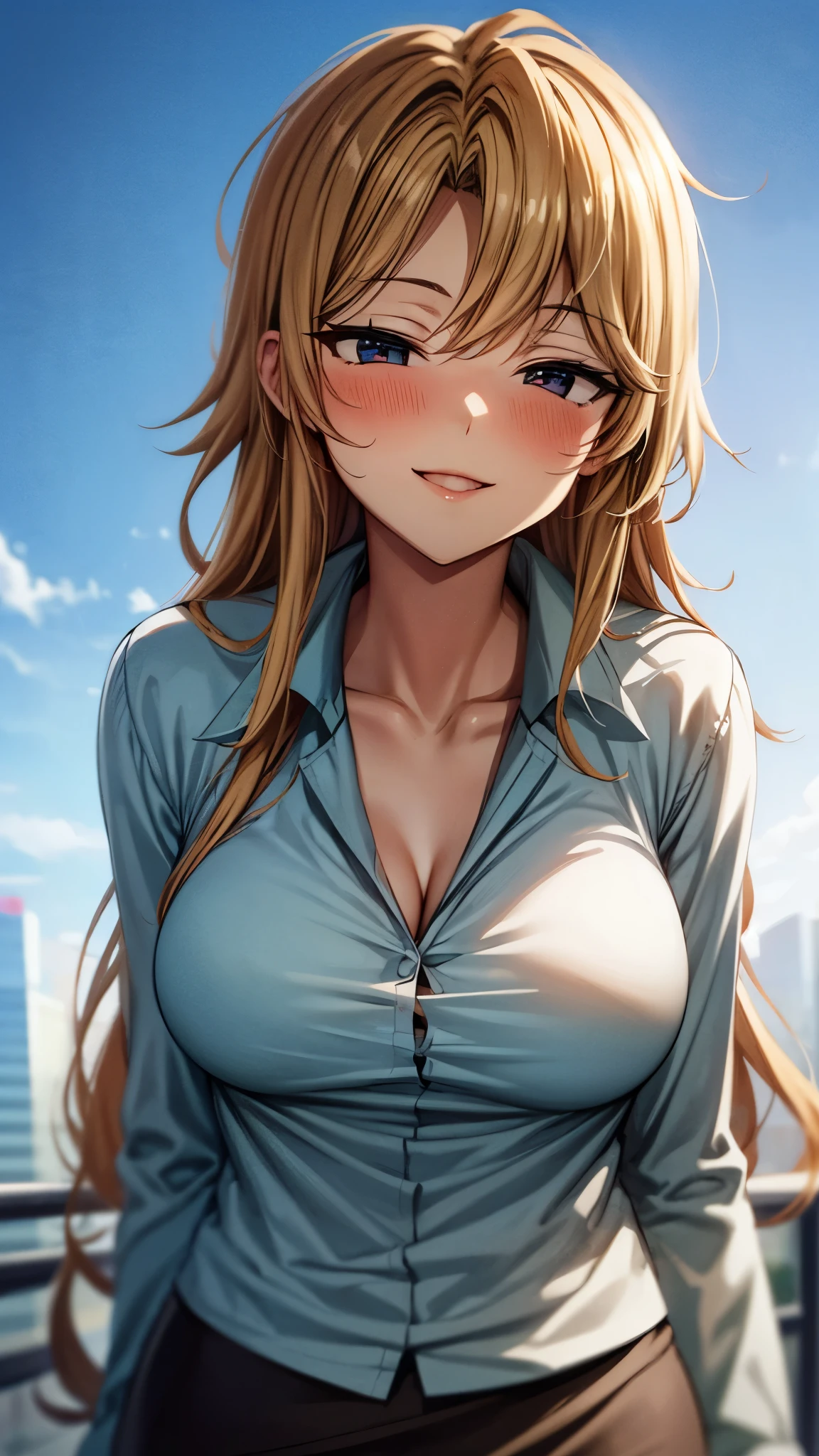 (8K, RAW photo, 最high quality, masterpiece: 1.2), High-definition RAW color photo, Professional photo shoot, cinematic light, alone, (((young woman, gal))), (Sharp features), (big eyes), (small face), (high detail skin: 1.2), clavicle, cute face, beautiful appearance, long eyelashes, (rainbow hair, blue eyes), (beautiful breasts:1.5), (slim body:1.5), very detailed顔と肌の質感, fine eyes, natural makeup, camel toe, ((blonde, long bangs on one side, asymmetrical bangs, One eye hides, wavy hair)), slim body, ((smile with open mouth:1.2)), big breasts, normal hip joint, blue eyes, cowboy shot, (((Black long skirt, short colorful jacket, White shirt underneath, Mature impression, Based on chic black, white softness, Feeling relaxed feet, Create a spring date outfit, big breastsを強調させる))), I enjoy dating, beautiful sunny day, (((wall background))), bright colors, blissful companionship, precious memories, A composition that highlights the beauty of a girl, staring eyes, beautiful skin, shiny skin, perfect fingers, five fingers, anatomically correct, background bokeh, high quality, surreal, bright colors, ((very detailed, photo shoot)),