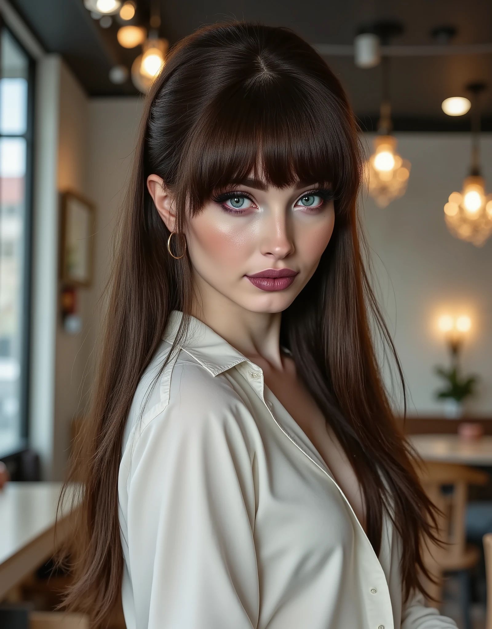 natali3m4rs, natalie mars,1girl, makeup, lips, long hair, long hair, bangs, high ponytail hair, white blouse, portrait, solo, looking at viewer, bokeh, focus, film, velvia, artistic, best quality, photograph, focus