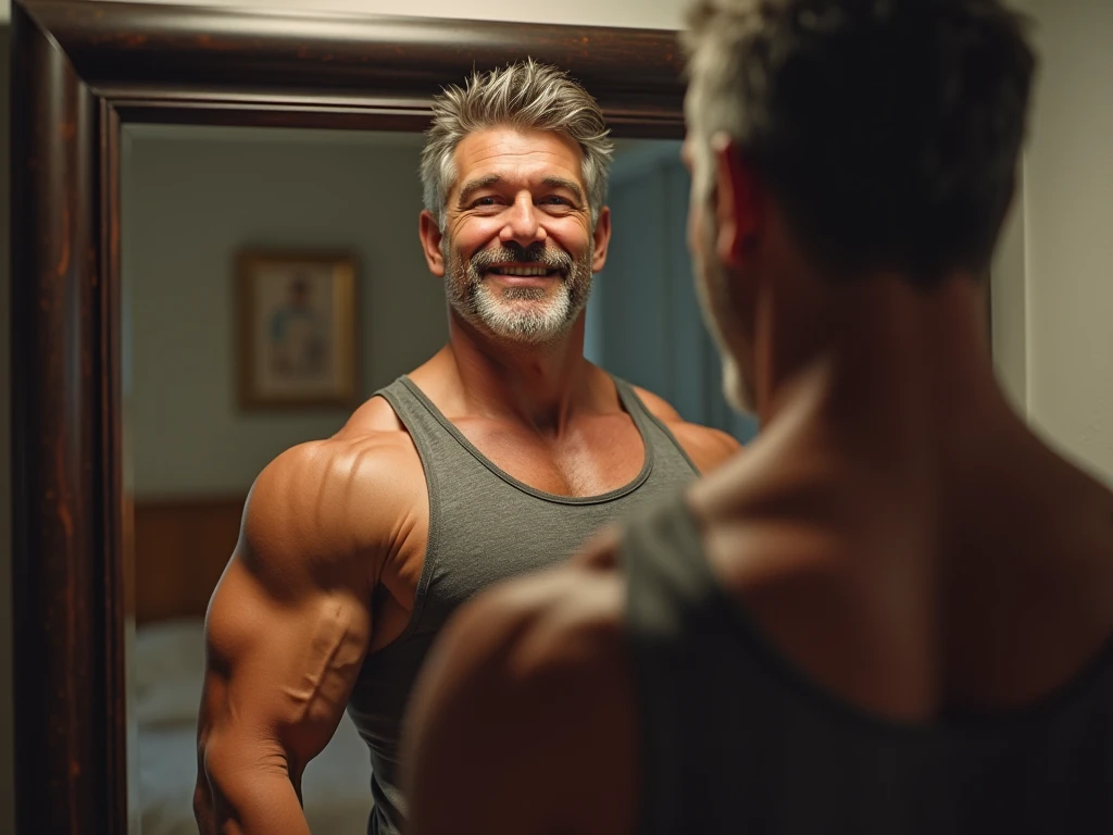Generate an image of a human having enormous tight body with gray hair standing in front of the mirror