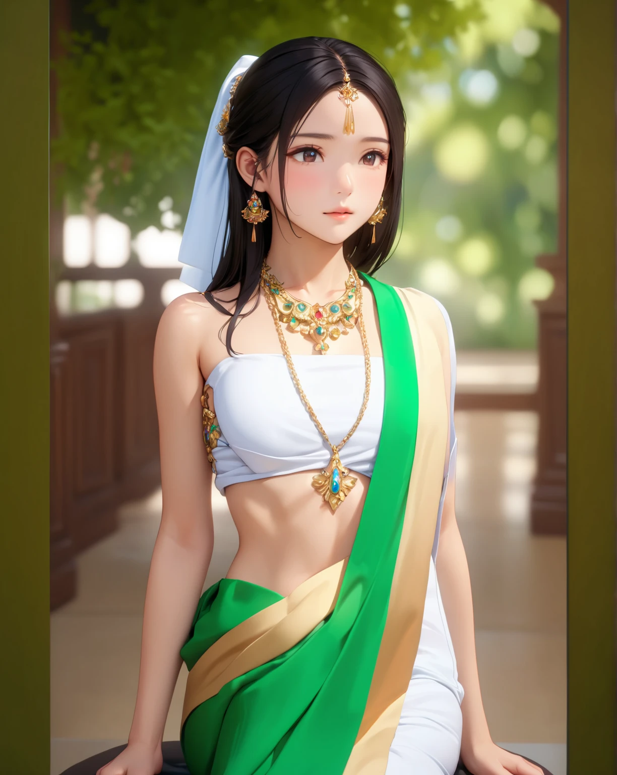 (best quality,4k,highres),portrait of a sexy woman with a beautiful face, hair in an elegant bun, intense seductive gaze, pale skin turning pink with blush, beautiful pink lips, adorned with emerald jewellery, wearing a dark green saree, seductively posing with hand on hip