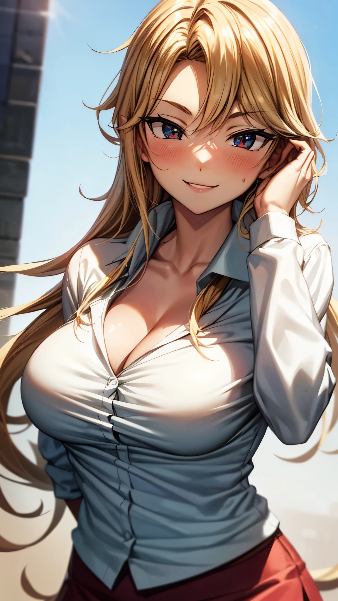 (Highest quality, 8K, 4K, High resolution, masterpiece:1.2), Very detailed, Anime Style:0.9, Realistic, Bright colors, Written boundary depth, Blurred Background, alone, 1 female, (blonde, Long Hair, Dark brown eyes), Beautiful facial details, Beautiful Eyes, Long eyelashes, Soft lips, (Small face), (smile:1.3), Rear View, ((uniform:1.2, )), classroom, (Spread your legs wide), Lace Underwear, Big cleavage,Nipple slip, Expressions of ecstasy, Sweat, Blushing, My body is soaked,Wet Panties,Cloudy semen splattered on her chest,